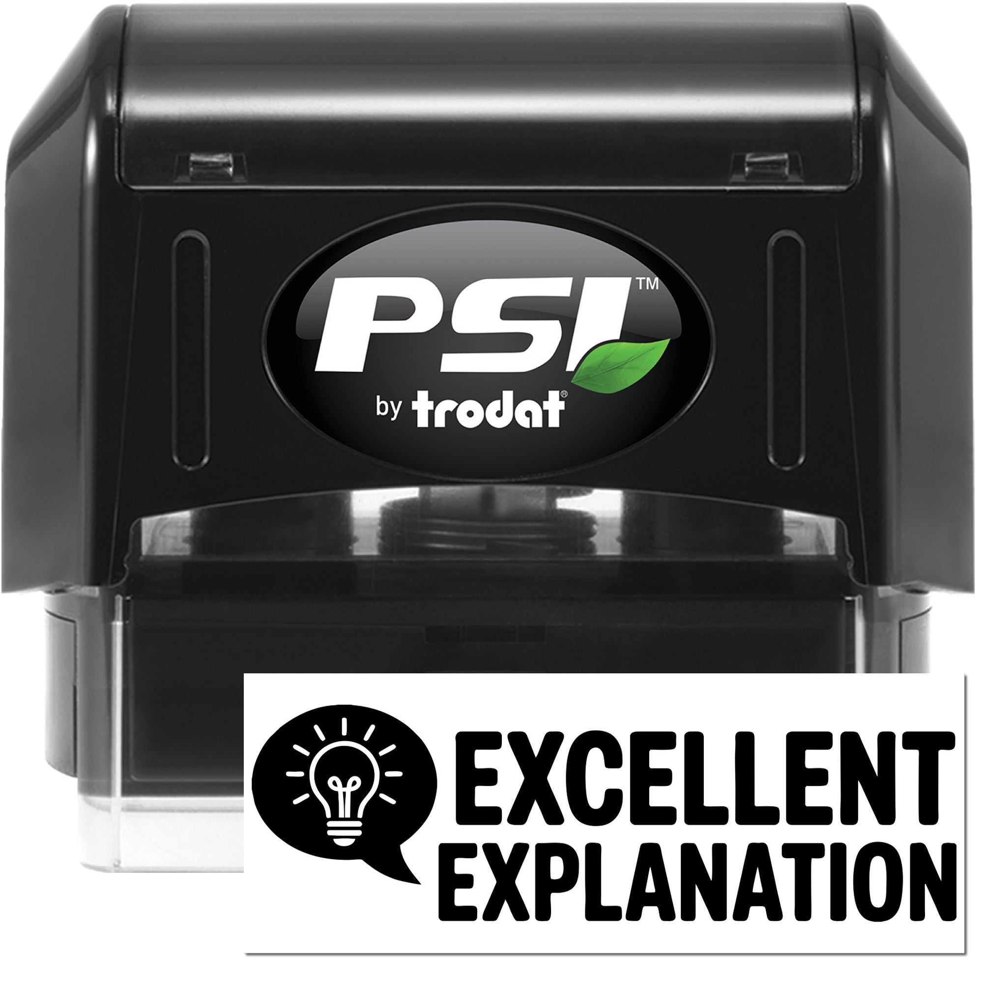 Black PSI by Trodat self-inking stamp and seal with green leaf logo and clear base, plus Excellence Explanation badge.