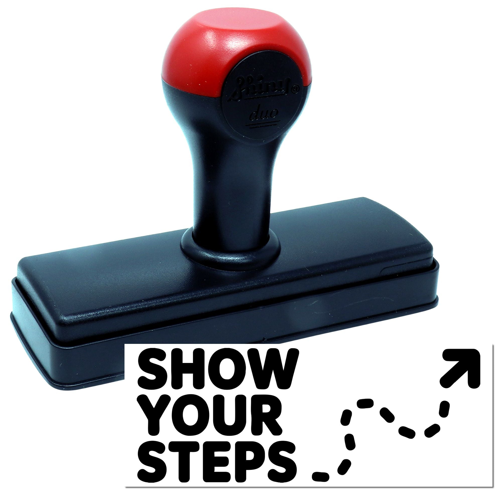 Red-and-black self-inking stamp with rectangular base and Show Your Steps seal design.