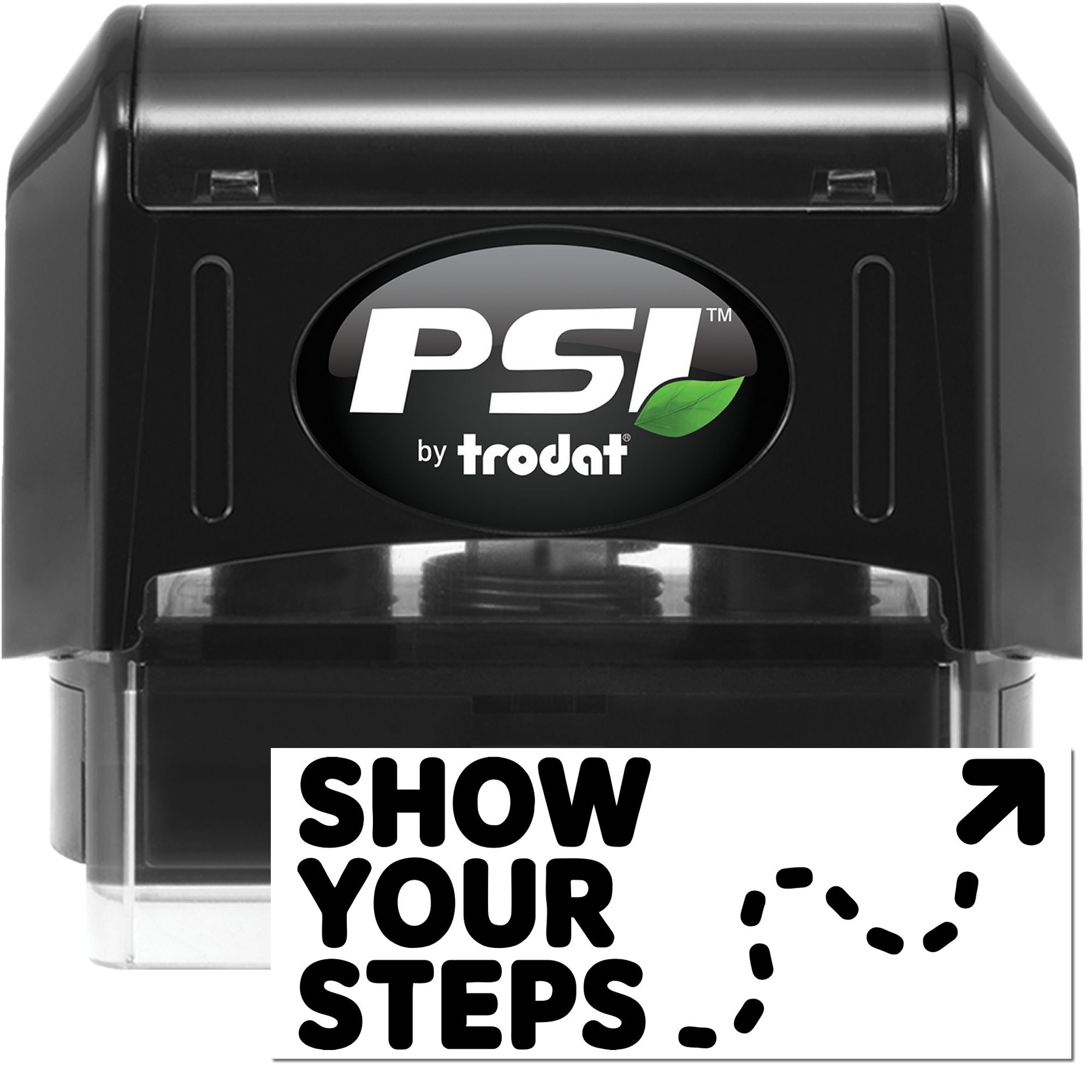 Black PSI by Trodat self-inking stamp and seal, with green leaf logo and Show Your Steps card on white background