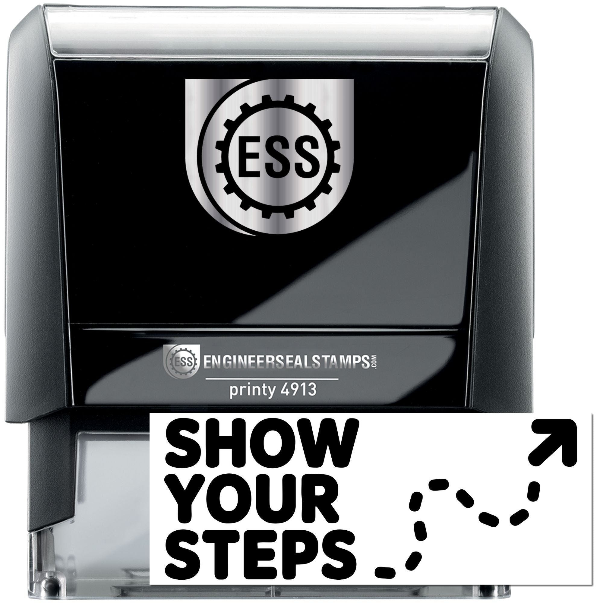 Black ESS self-inking engineering seal stamp, Printy 4913, with silver logo and Show Your Steps text.