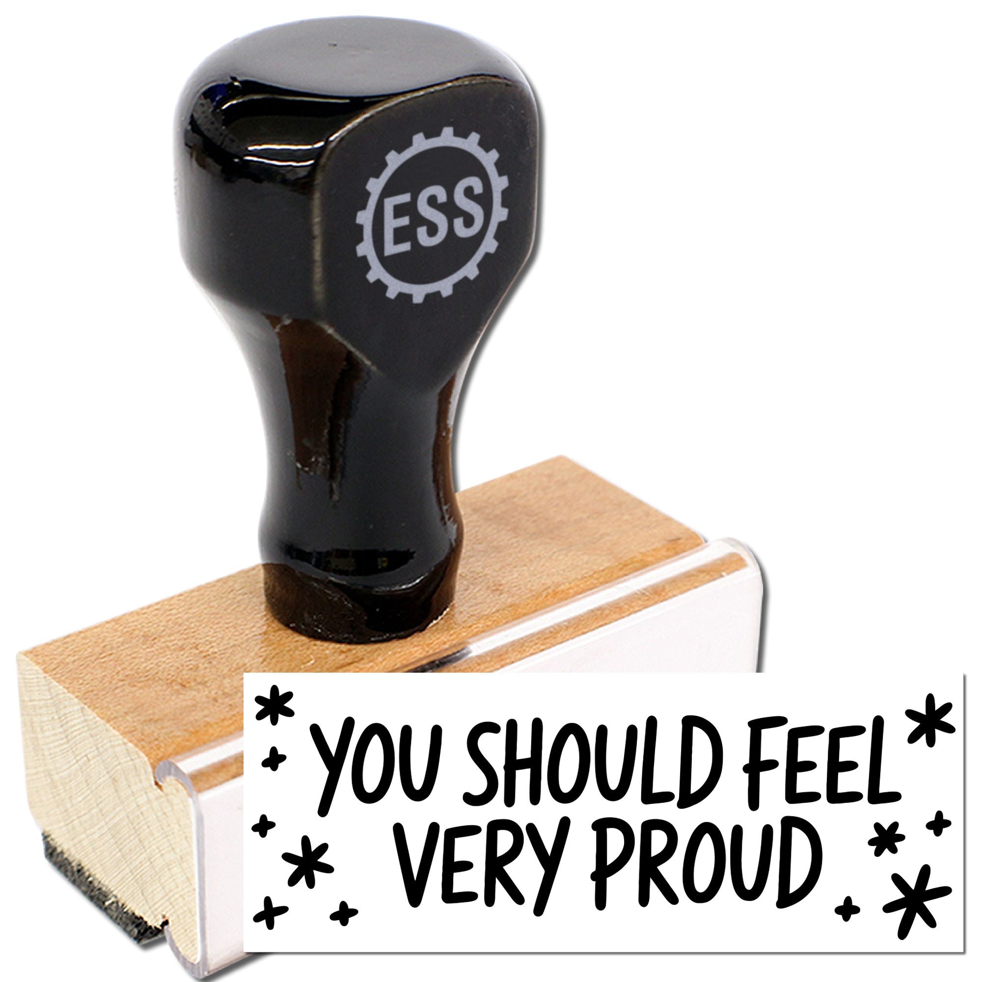 Black ESS stamp and seal with wooden base, imprinting You Should Feel Very Proud on a white card