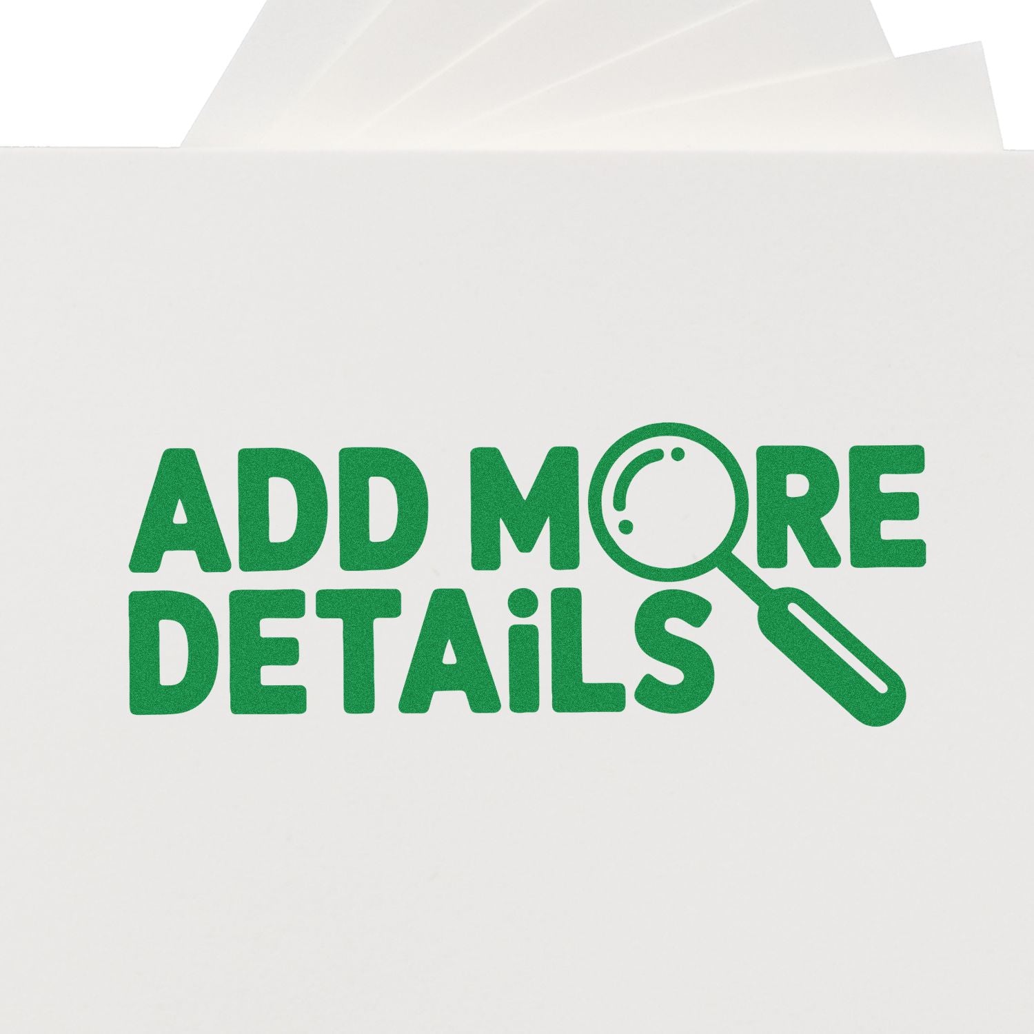 White stamp-and-seal envelope with green ADD MORE DETAILS text and a magnifying glass icon.
