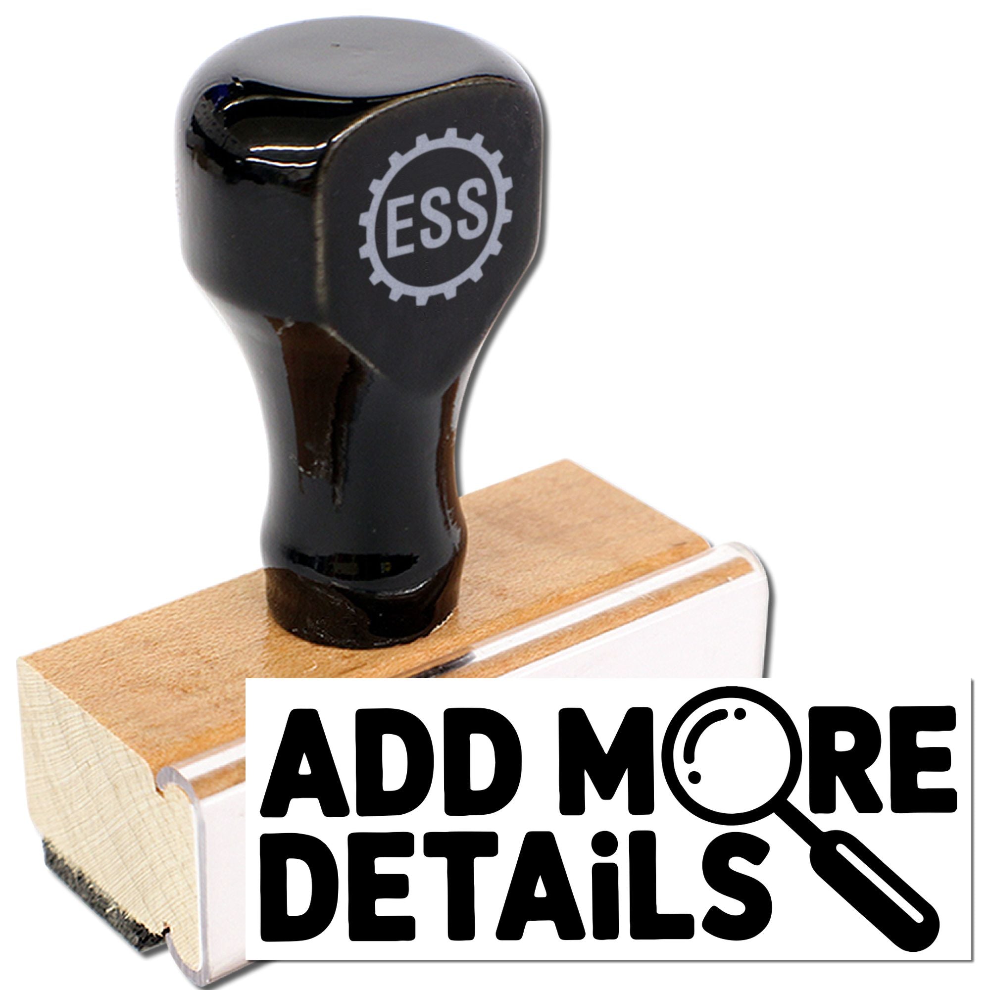 Black ESS custom stamp handle on wooden base with Add More Details text for stamp and seal products.