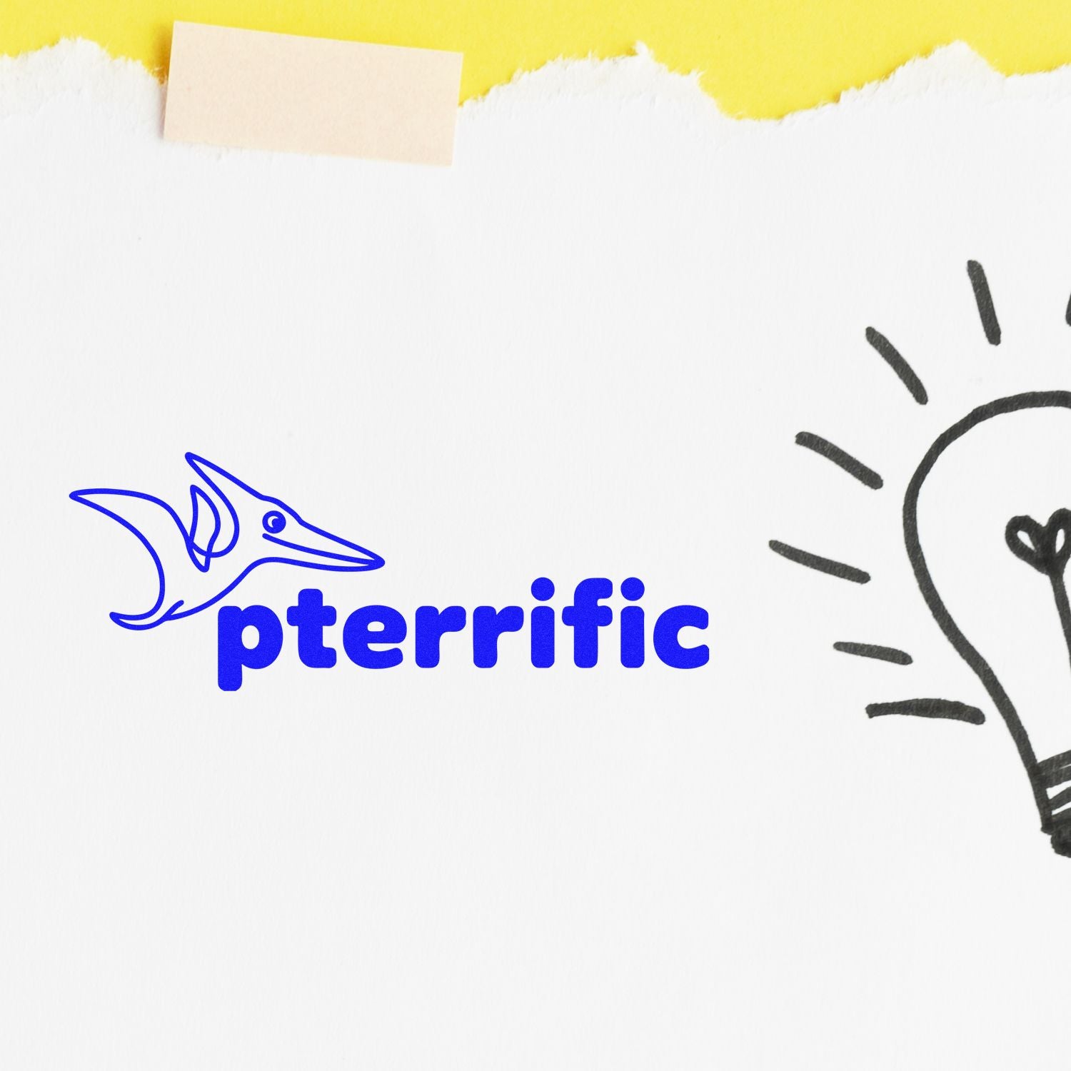 Blue pterific rubber stamp logo with pterodactyl on white paper, yellow torn top edge and partial black lightbulb sketch.