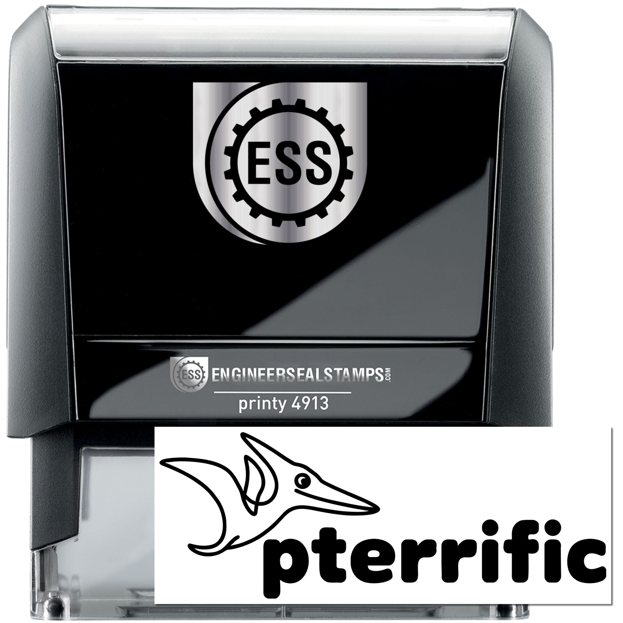 Black and silver self-inking stamp and seal with ESS gear logo and pterific branding