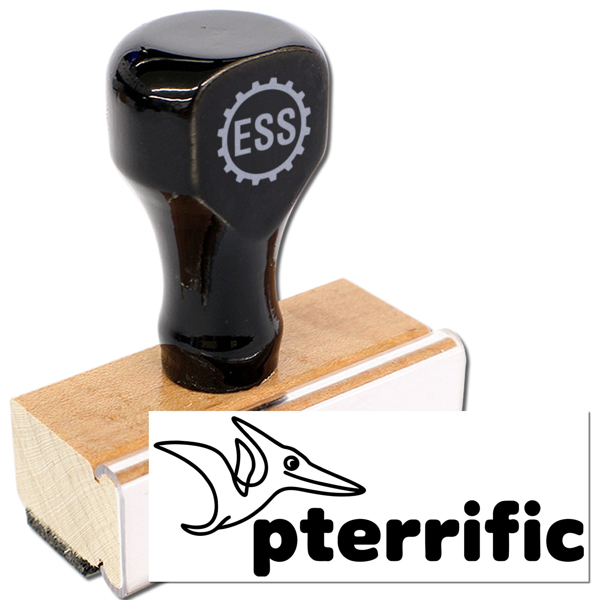 Black ESS rubber stamp with wooden base and pterrific bird seal design on white background.