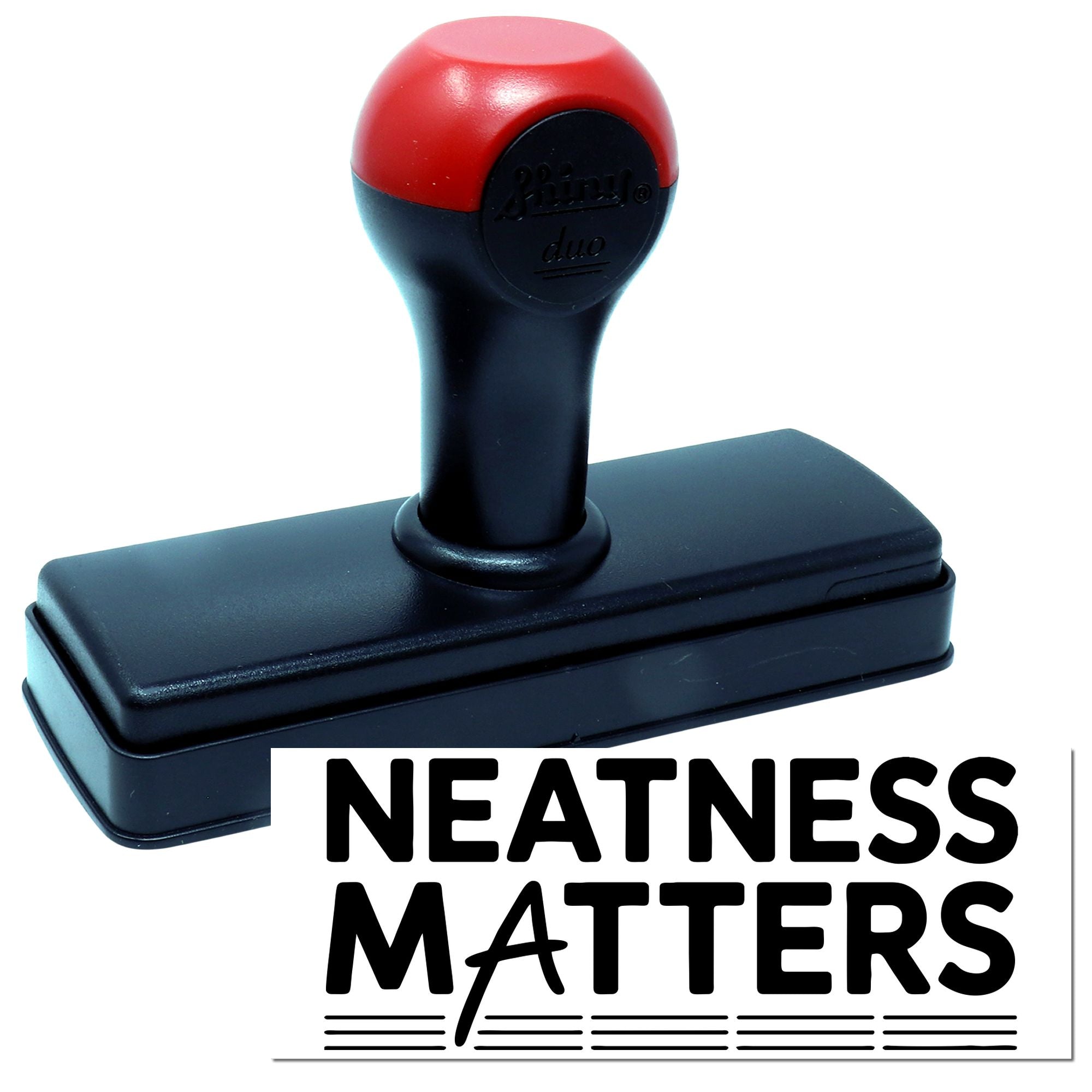 Red and black self-inking stamp with black base, featuring NEATNESS MATTERS text and lined seal design.