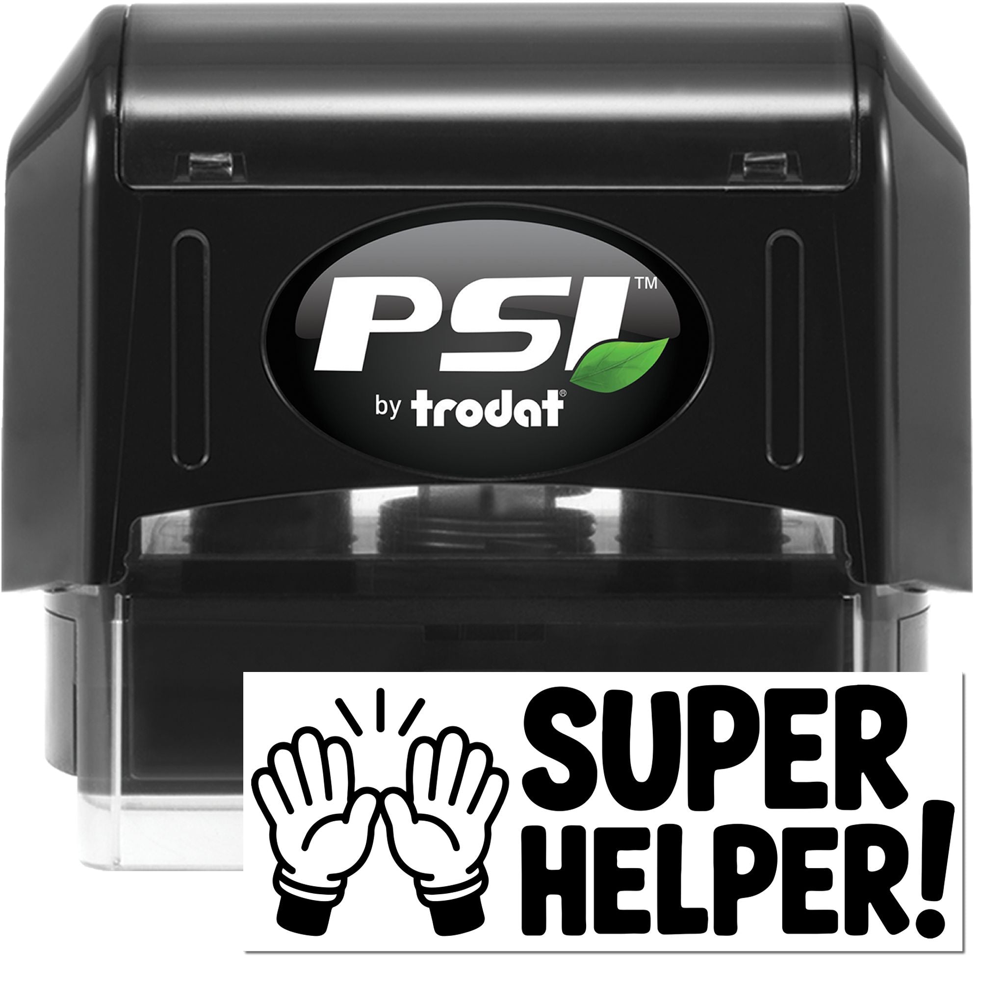 Black PSI by Trodat self-inking stamp and seal in black with green leaf logo, clear base, and Super Helper! label.