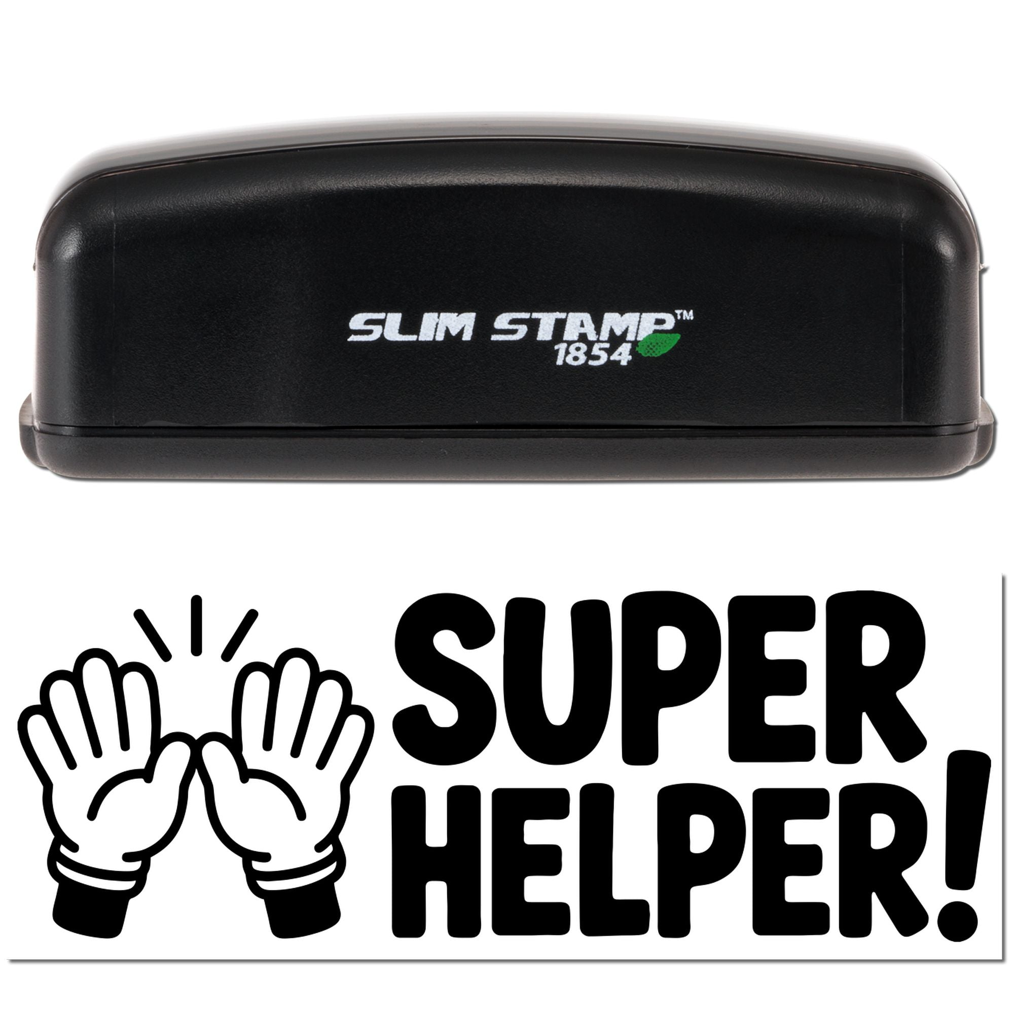 Black Slim Stamp 1854 stamp and seal with white logo, green accent, and bold Super Helper! clapping hands graphic.