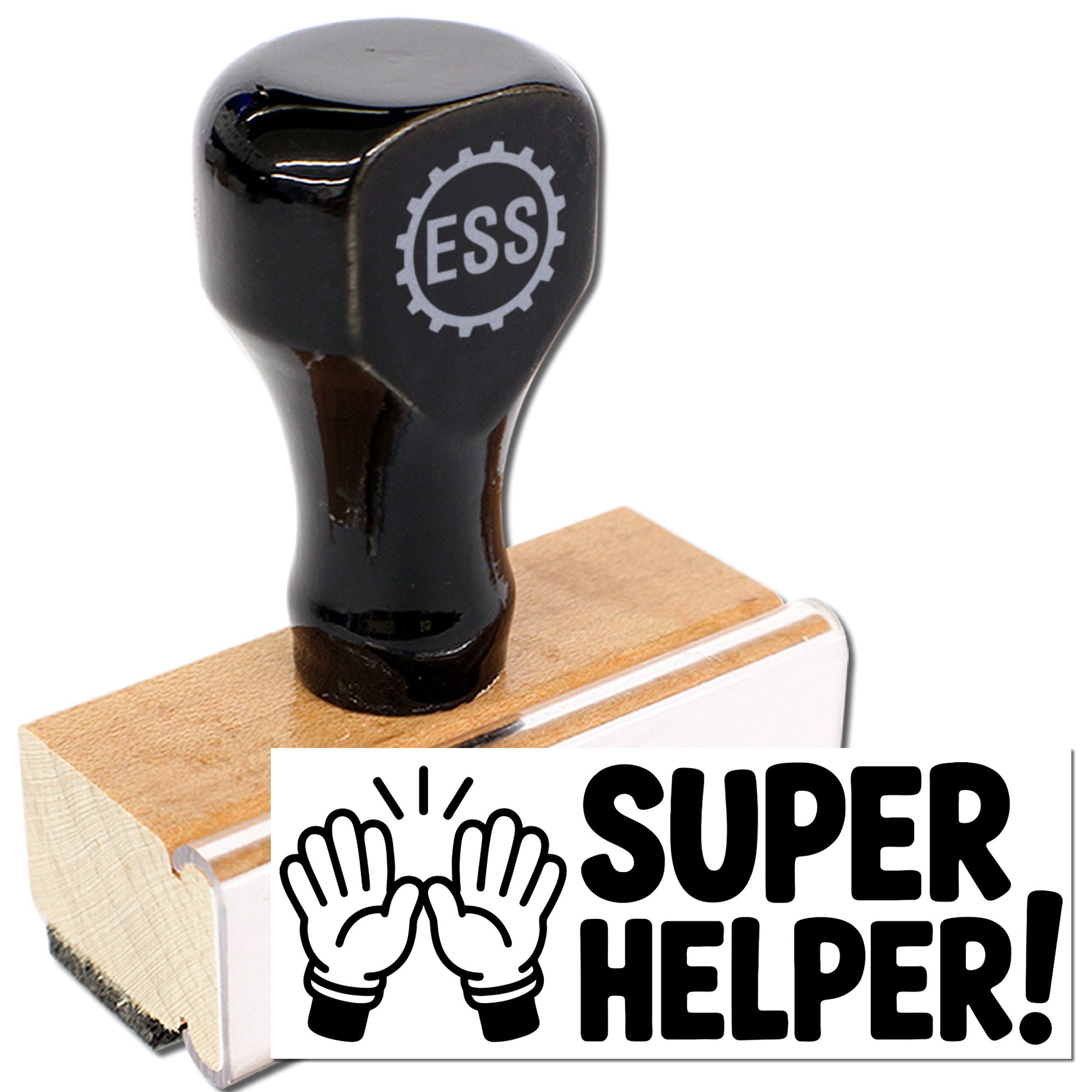 Black ESS rubber stamp on a wooden base with a white SUPER HELPER! seal graphic.