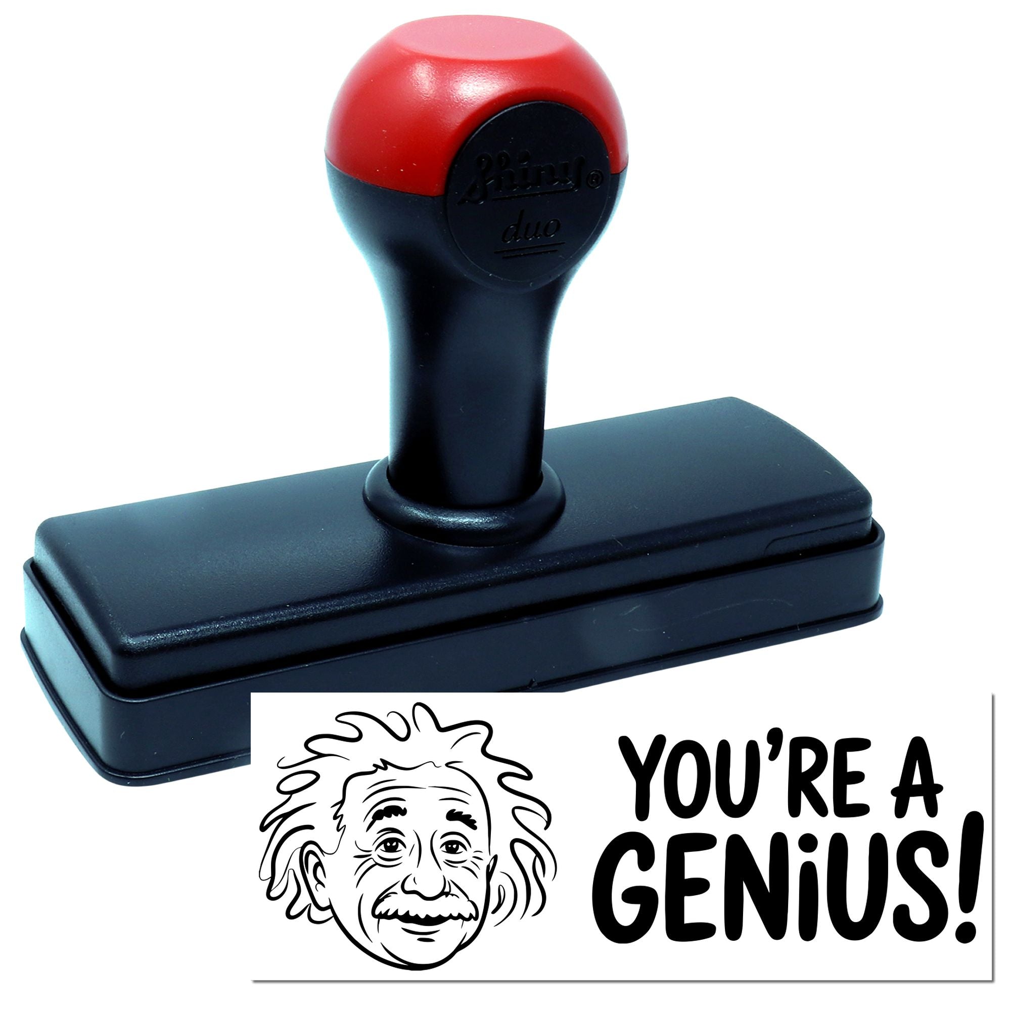 Red and black self-inking stamp and seal with rectangular base and Einstein Youre a Genius! imprint.