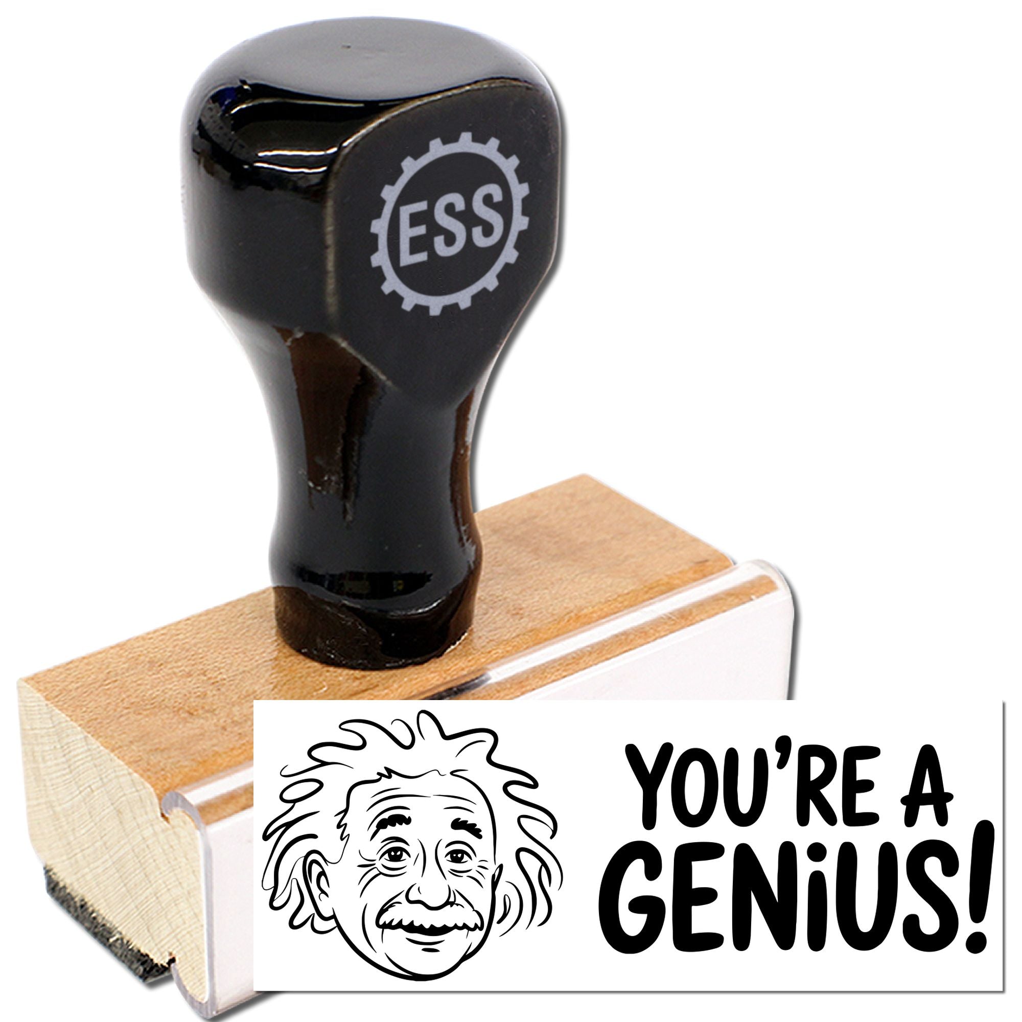 Black custom stamp and seal on wooden block with Einstein graphic and bold YOURE A GENIUS! text on white card.