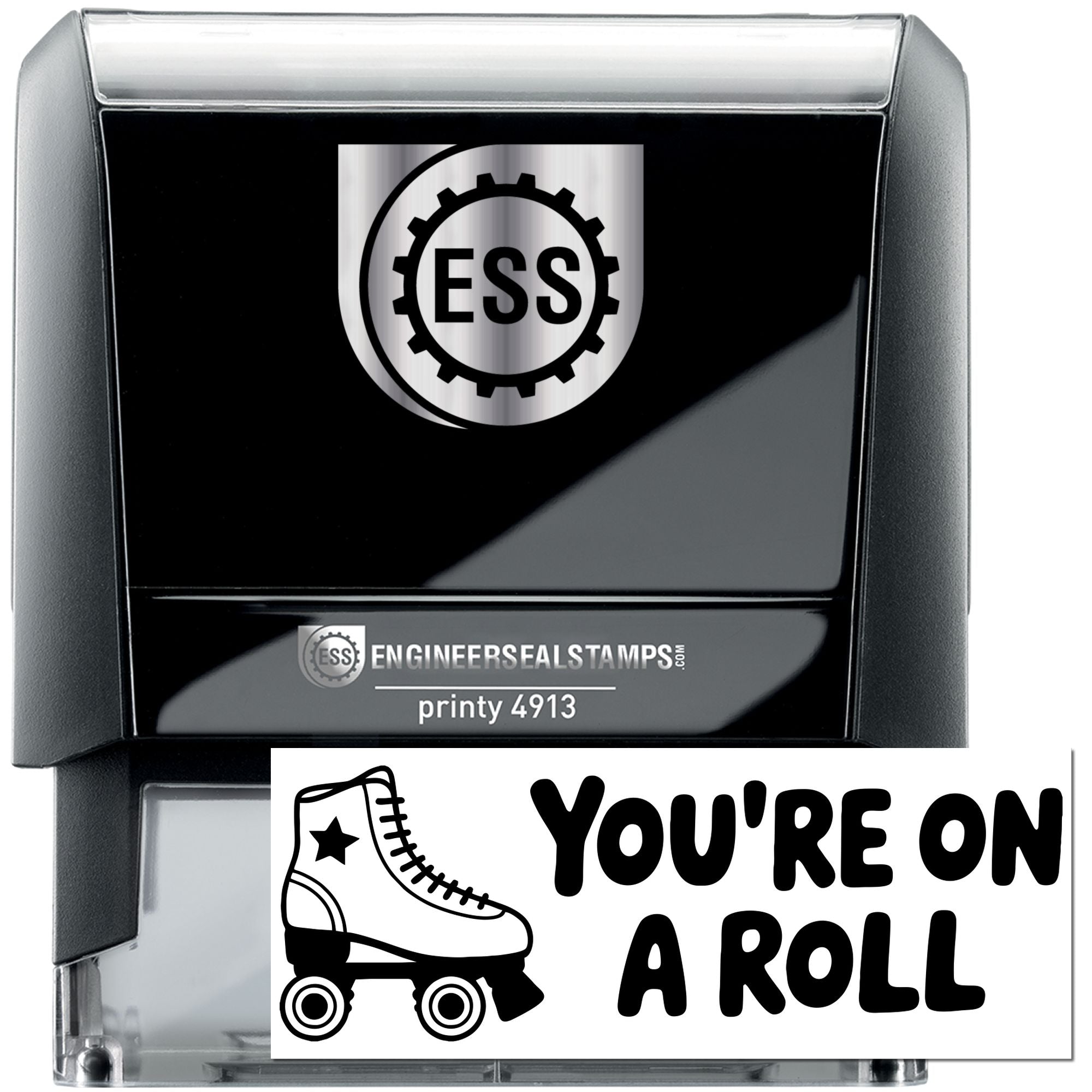 Black self-inking engineer seal stamp in black and silver with ESS logo, plus a clear roller stamp reading Youre on a roll.