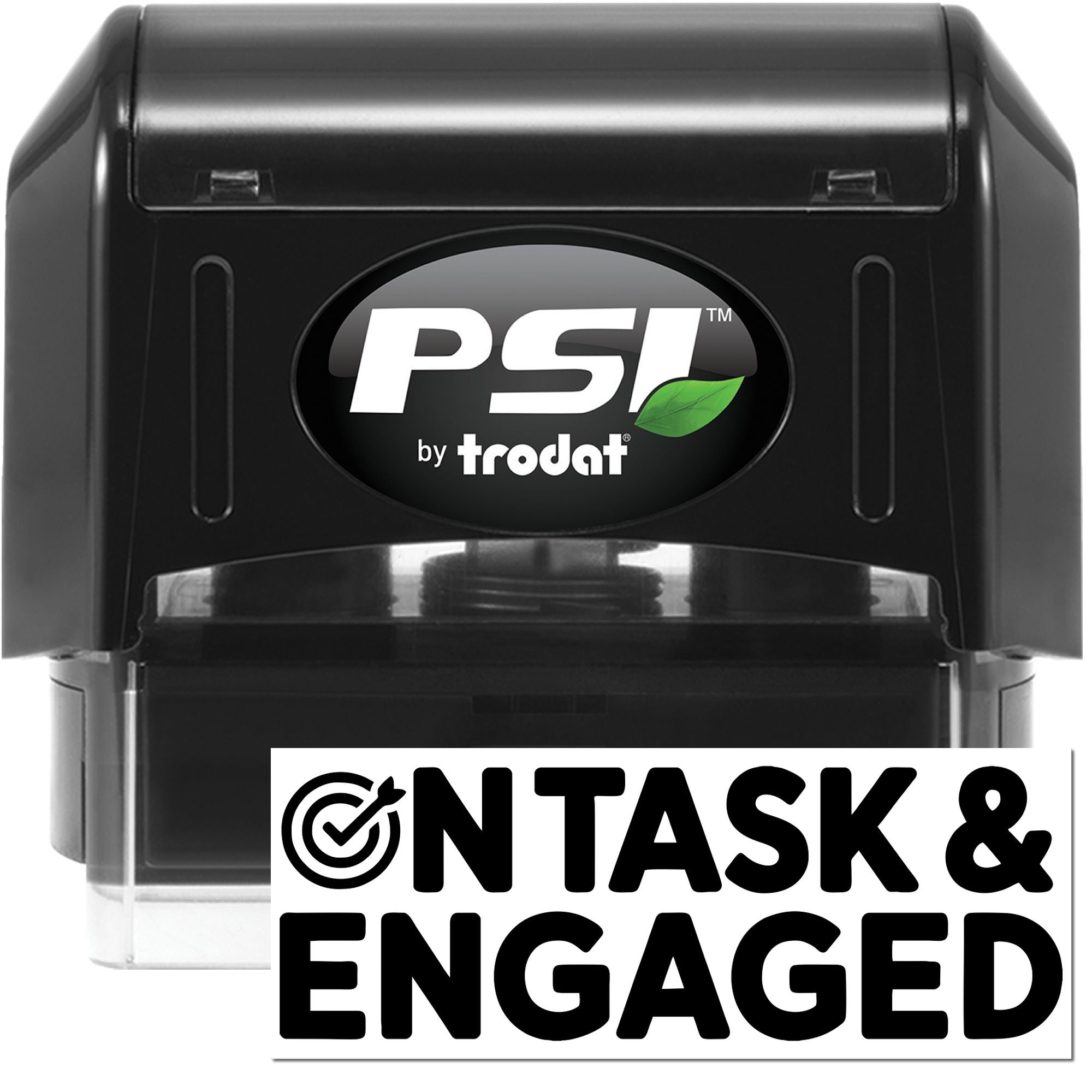 Black PSI by Trodat self-inking stamp, black with green leaf logo, clear seal, labeled NTA SK & ENGAGED.
