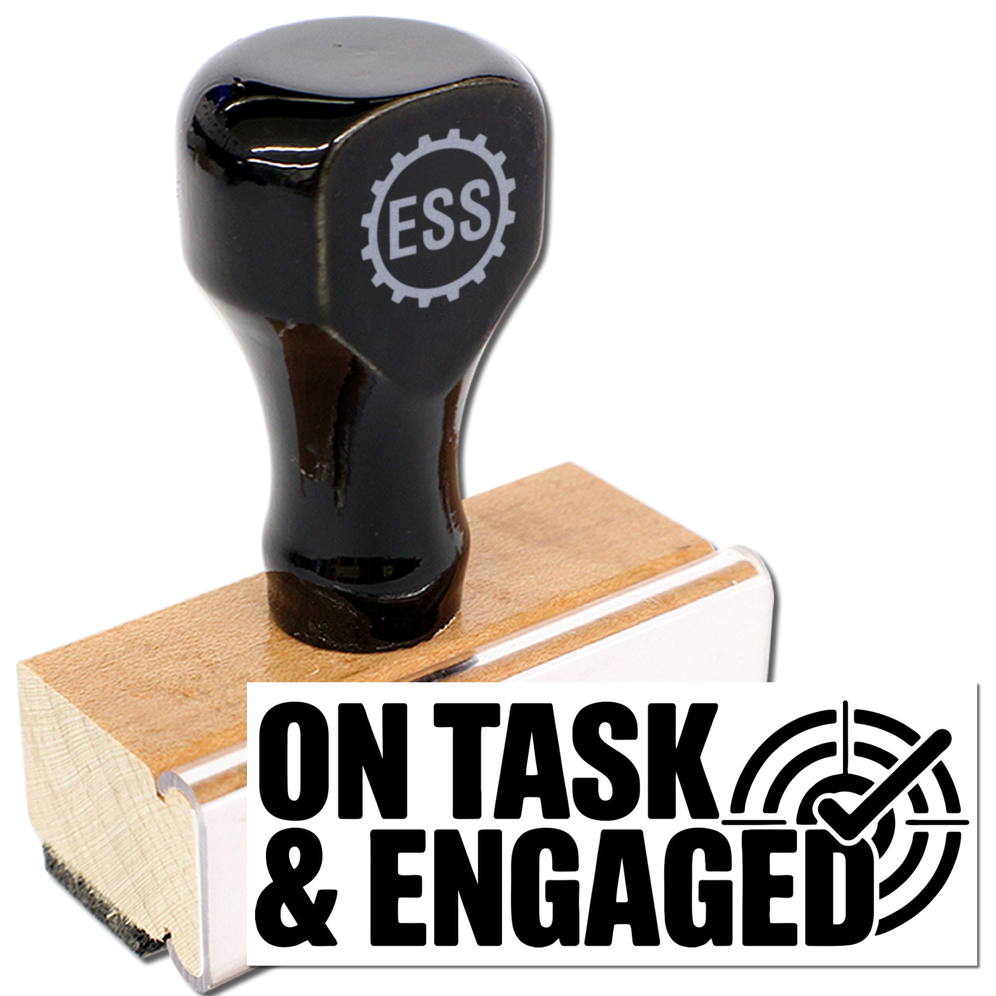 Black ESS stamp and seal on wooden block with white On Task & Engaged branding and checkmark target design.