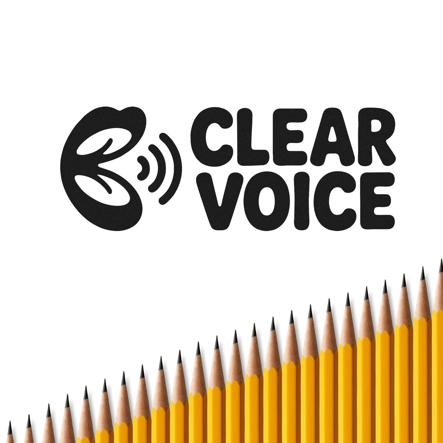 Black CLEAR VOICE stamp and seal logo with sound-wave ear icon above yellow pencils on white background