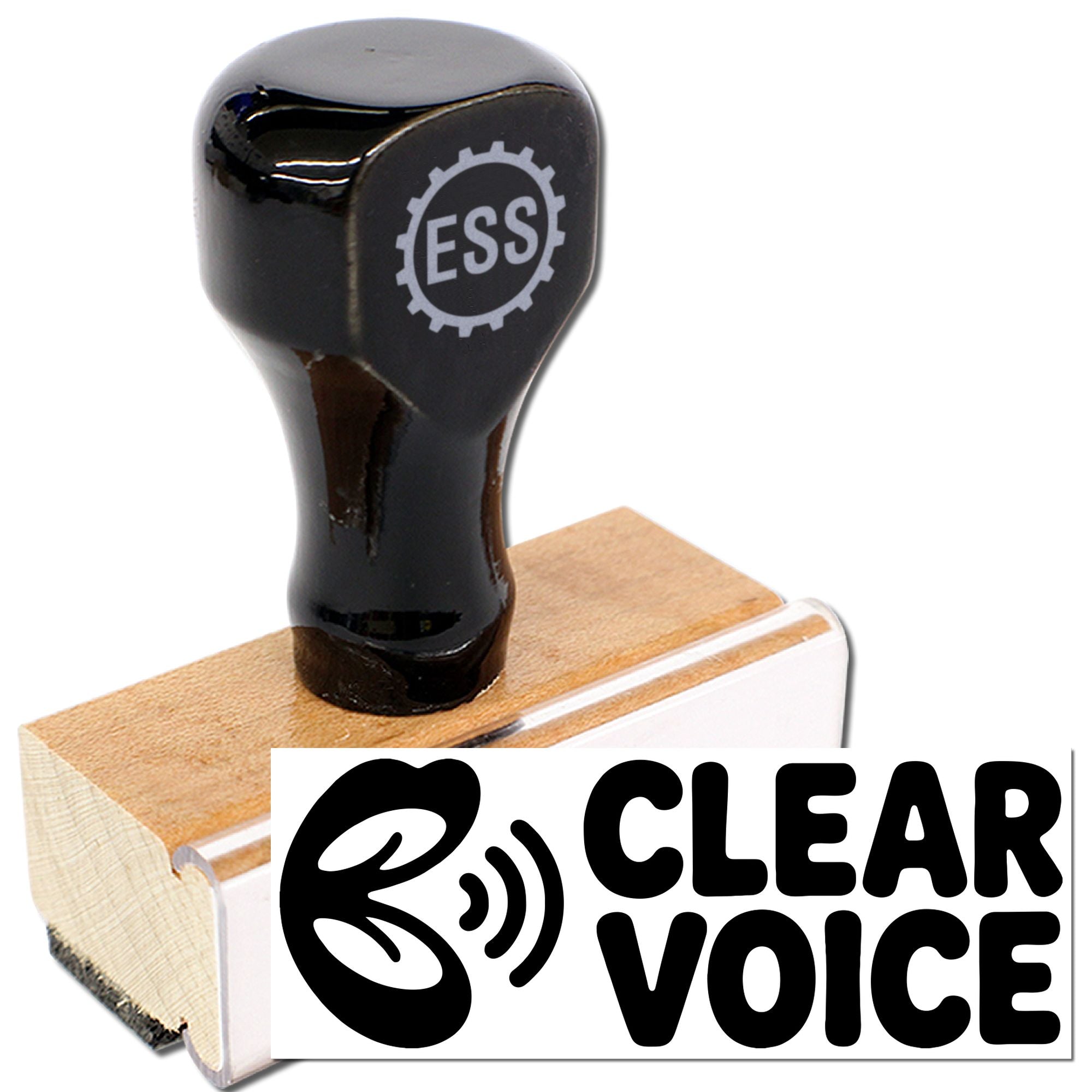 Black ESS rubber stamp with wooden handle and Clear Voice logo, for seal products.