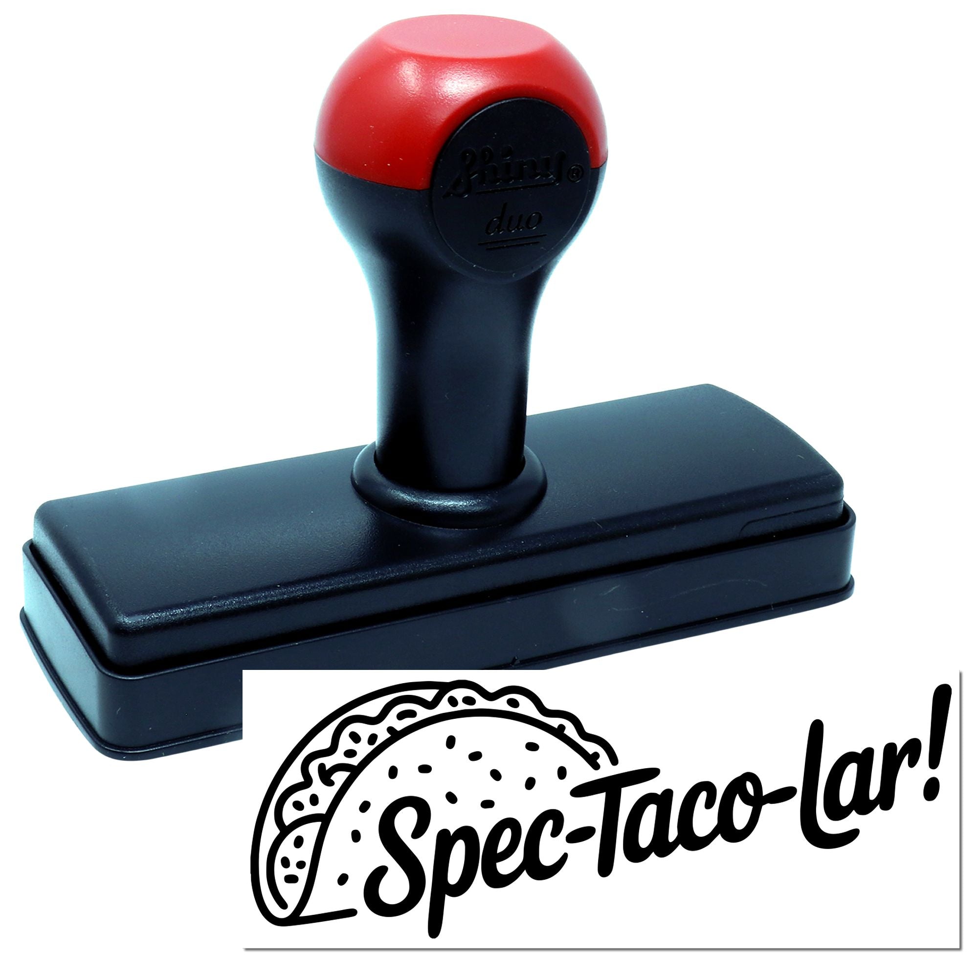 Black and red self-inking stamp with rectangular base and Taco-lar logo seal graphic on a white background.