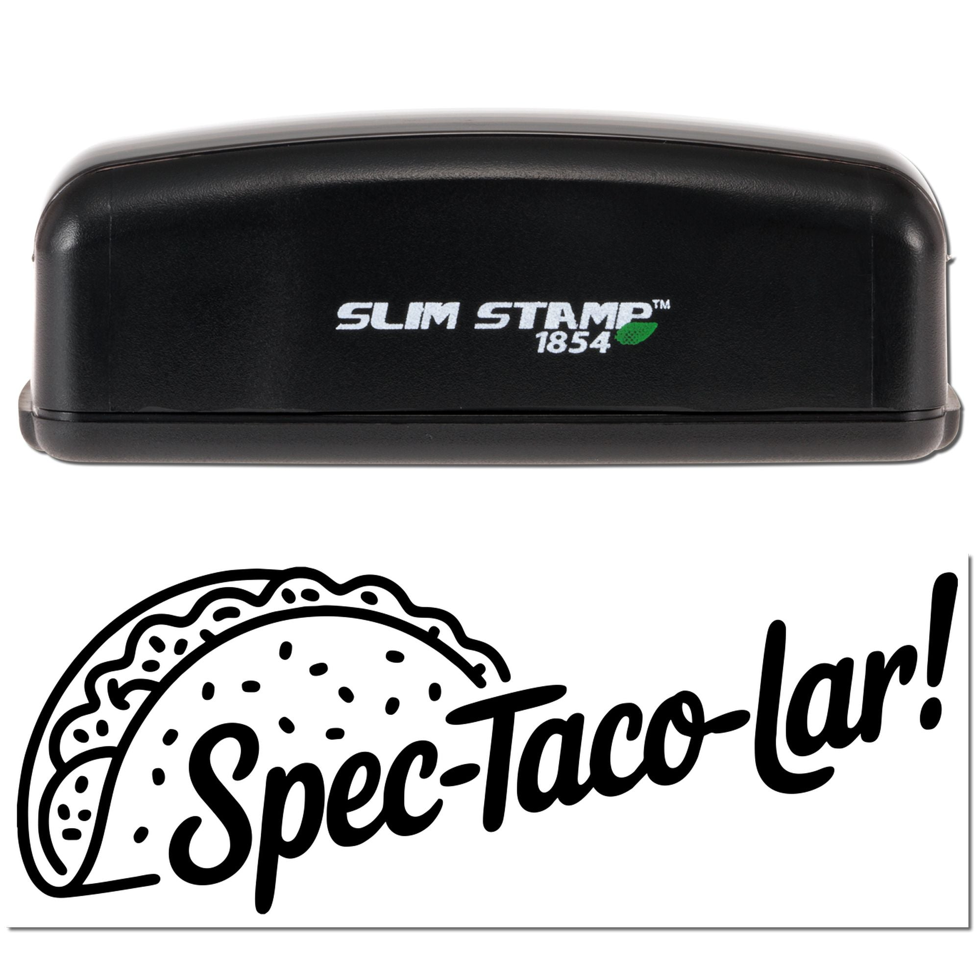 Black Slim Stamp 1854 stamp and taco-themed seal logo with bold black Spec-Taco-lar! text on white background.