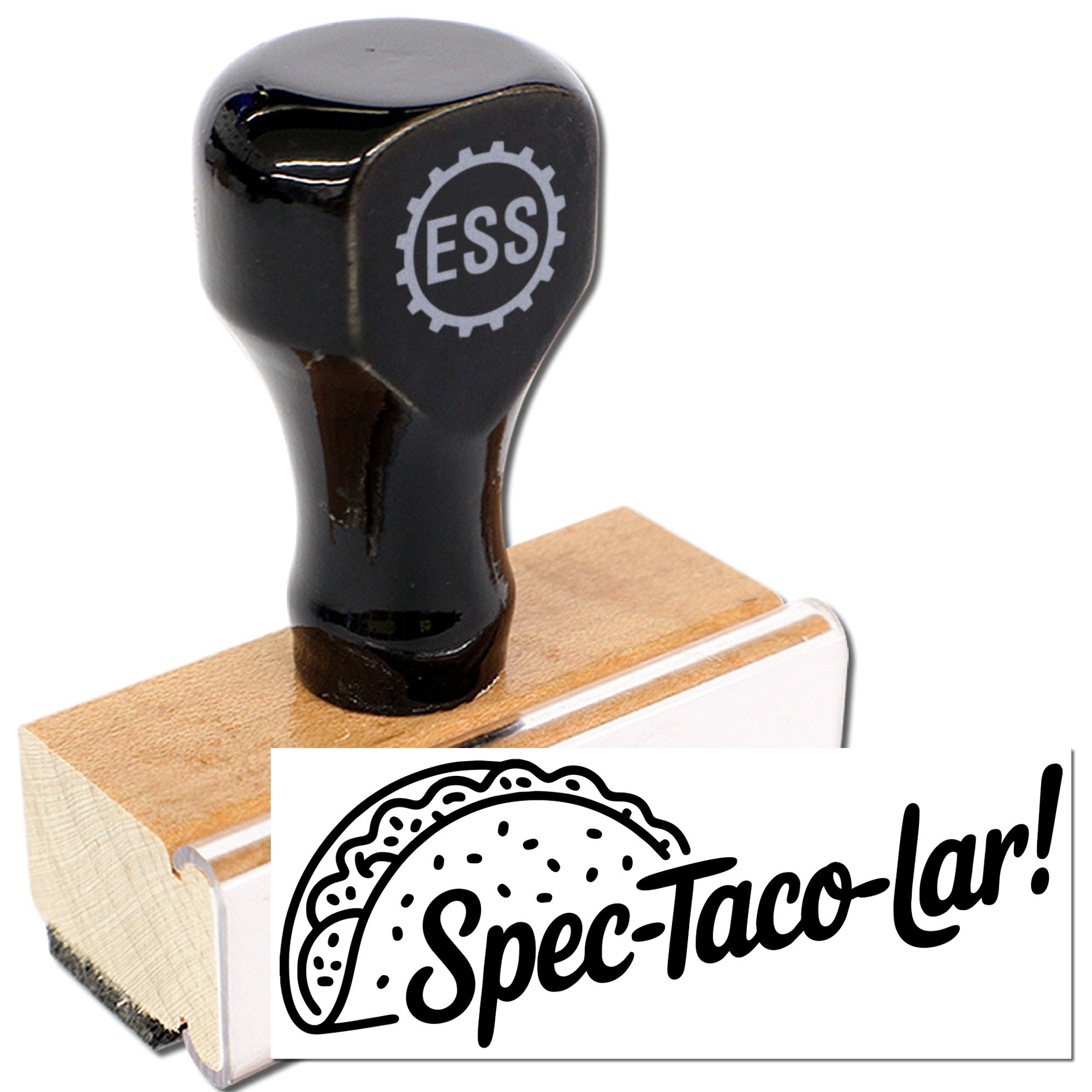 Black rubber stamp and seal on wooden base with ESS logo and Spec-Taco-lar taco design.
