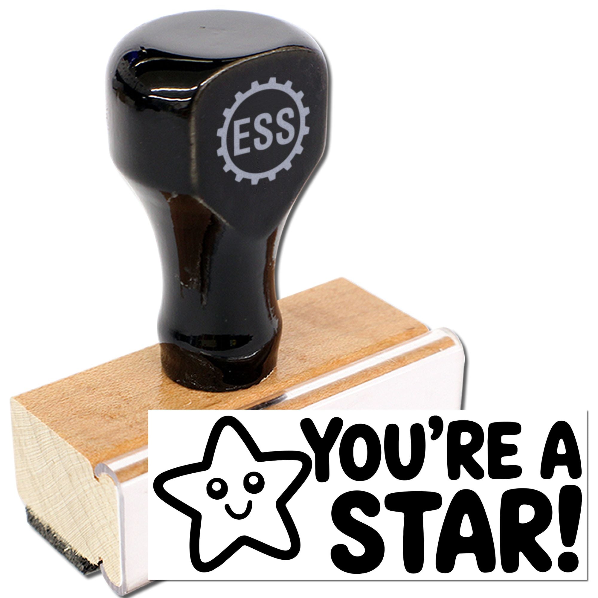 Black ESS rubber stamp on wooden handle beside a white seal imprint with smiling star and bold Youre a Star! text