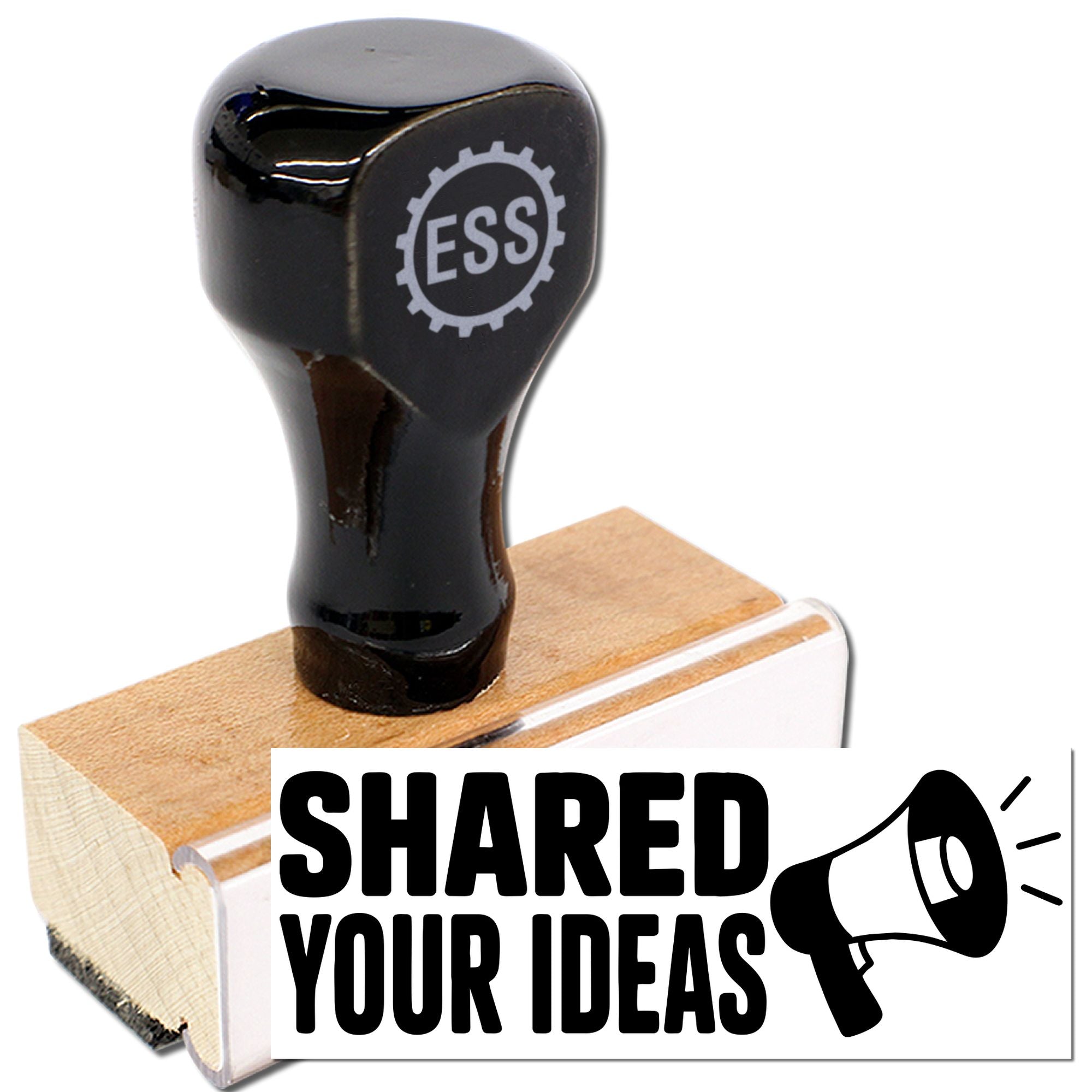 Custom black ESS stamp and seal on a wooden base, with white Shared Your Ideas banner and megaphone graphic.