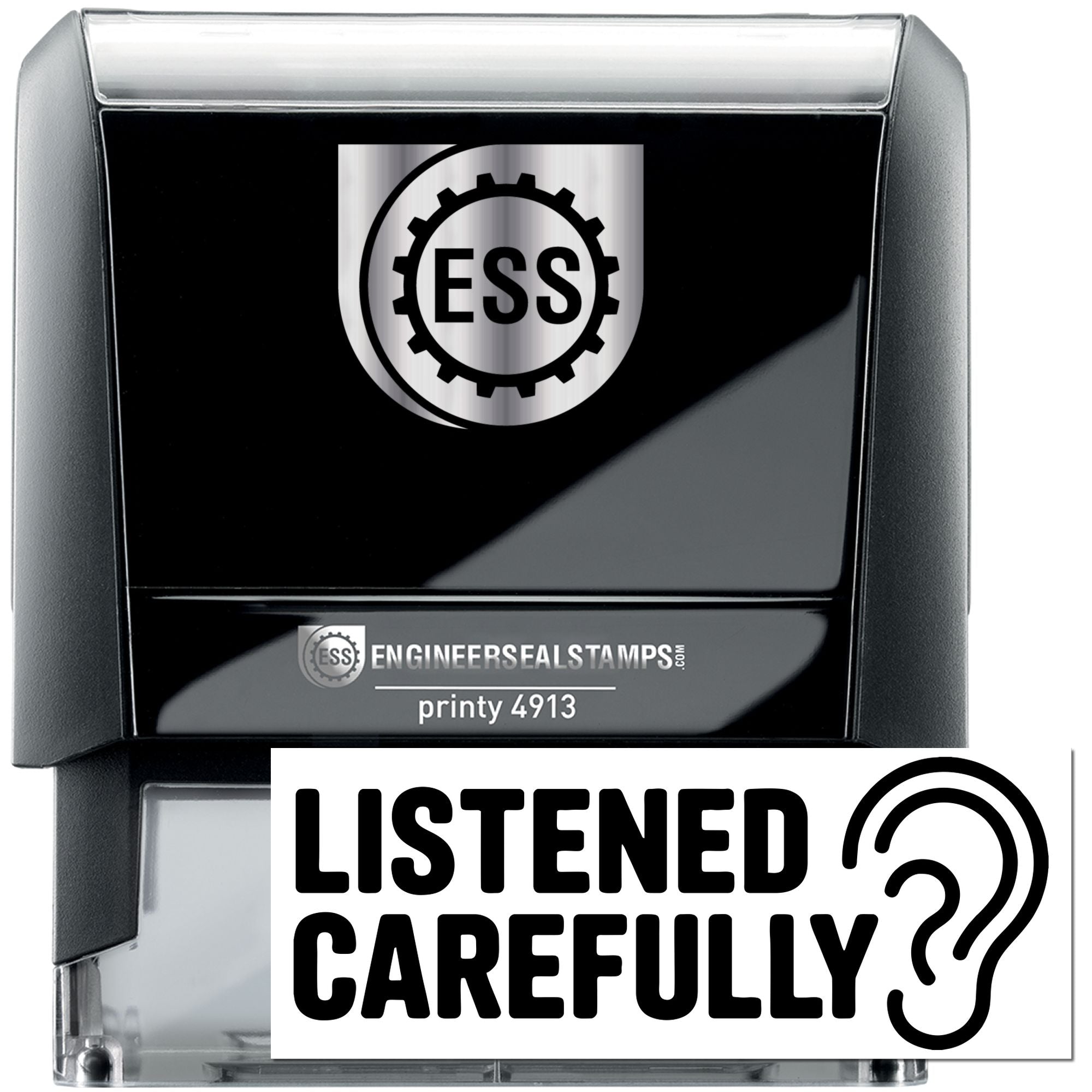 Black self-inking ESS engineer seal stamp with silver trim, gear logo, and LISTENED CAREFULLY? text
