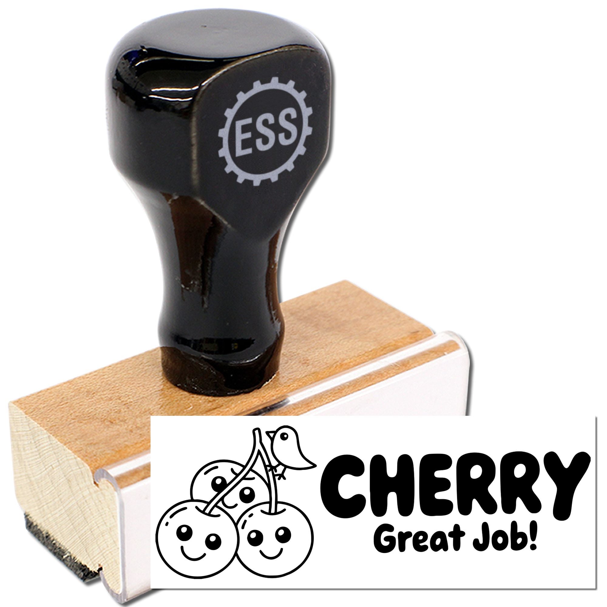 Black ESS rubber stamp on a wooden handle, with cherry Great Job! seal design and smiling cherries.