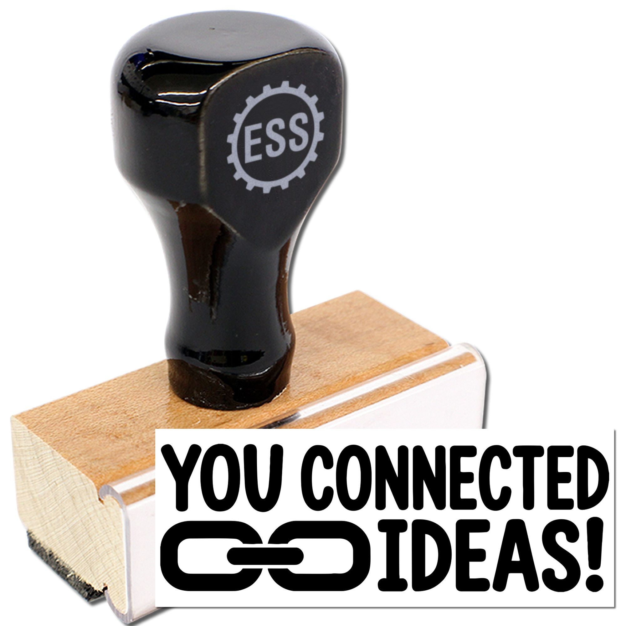 Black ESS rubber stamp and seal on wooden base with YOU CONNECTED IDEAS! text.