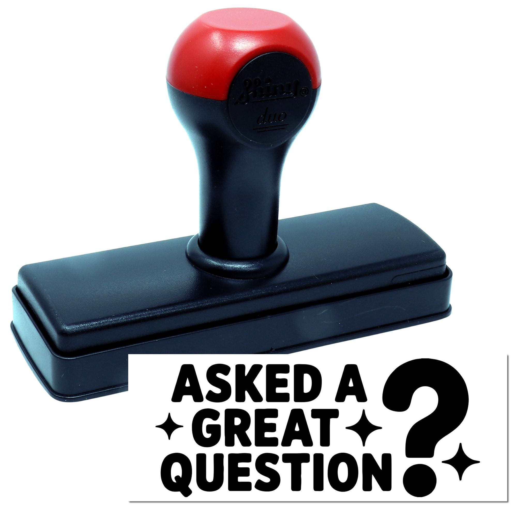 Red-and-black self-inking stamp and seal with black base beside Asked a Great Question design.