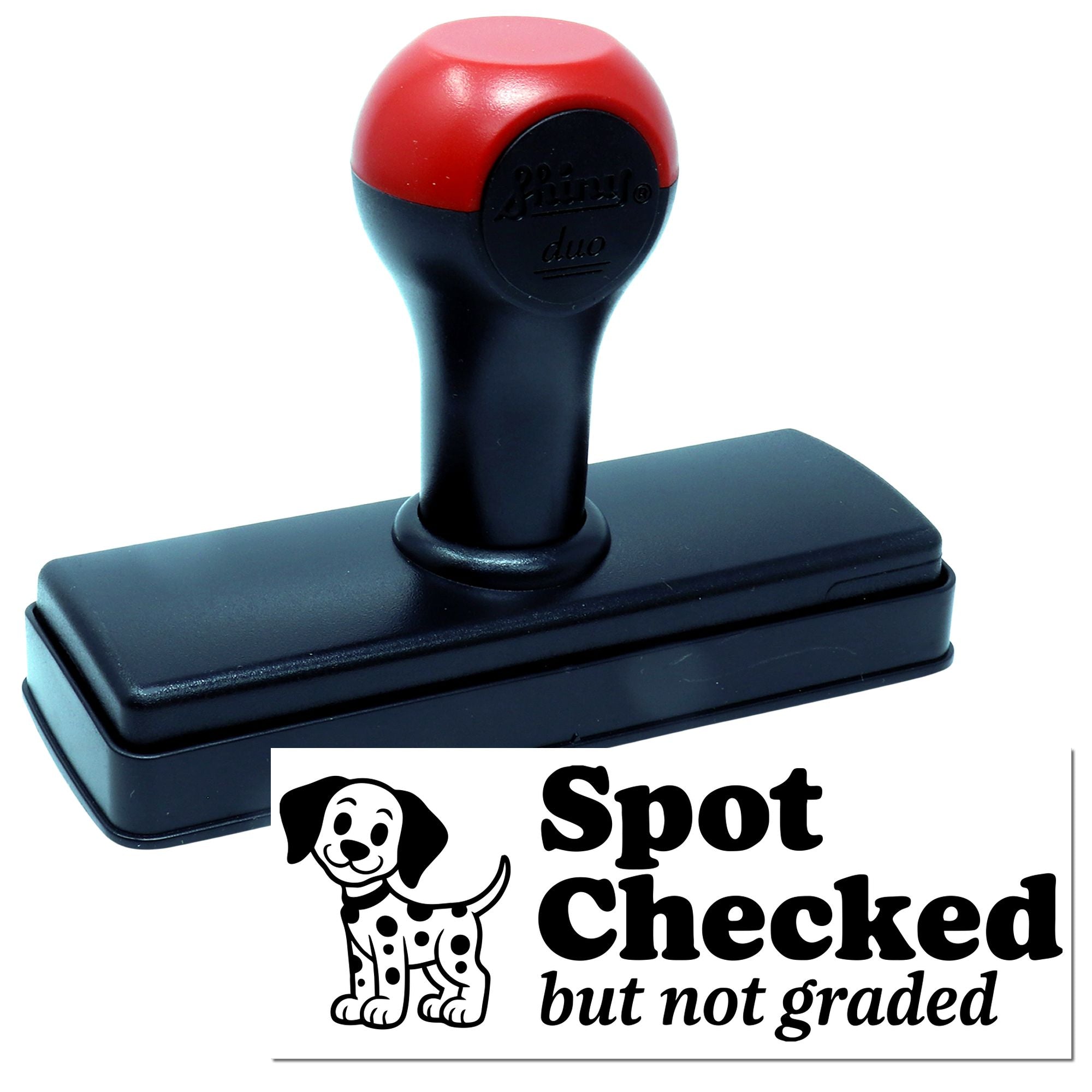 Red and black self-inking stamp and seal with dog logo; impression reads Spot Checked but not graded.
