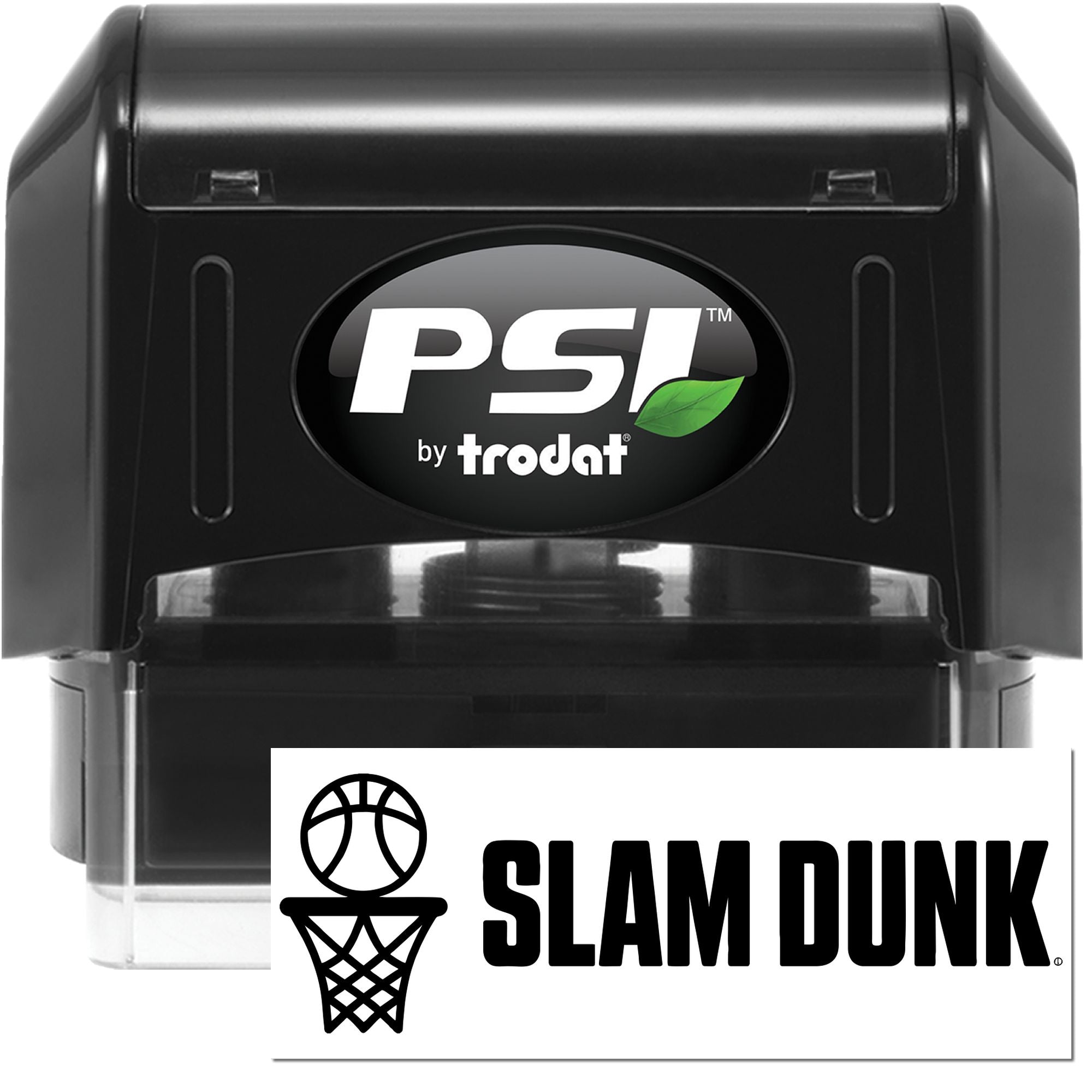 Black PSI by Trodat stamp and Slam Dunk seal products, featuring white logos and green leaf accents.