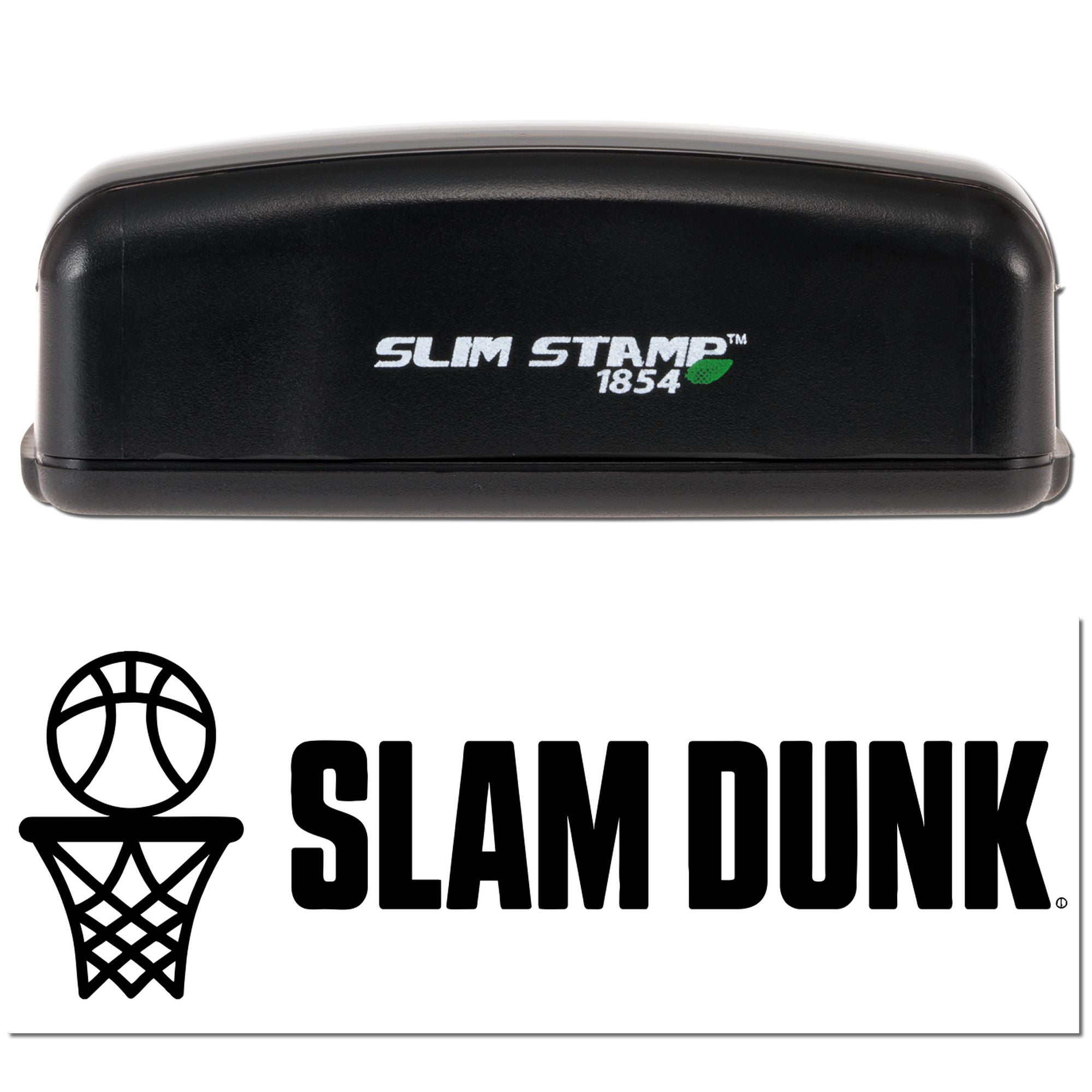 Black Slim Stamp 1854 self-inking stamp and Slam Dunk seal with basketball hoop logo on white background.
