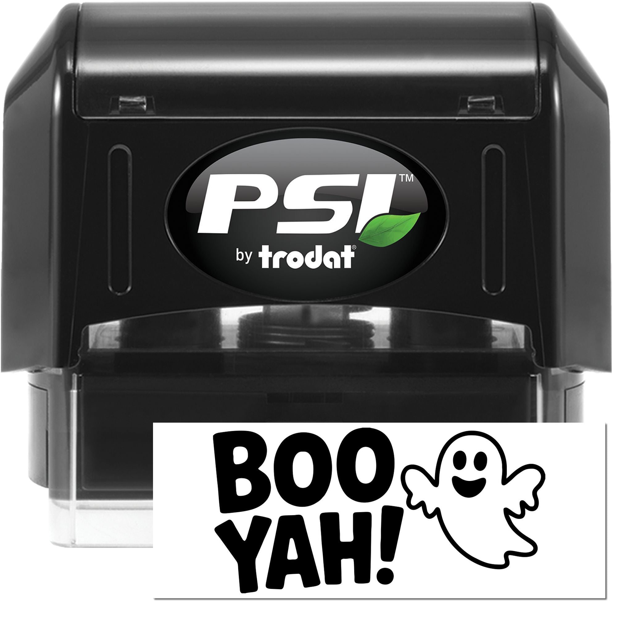 Black PSI by Trodat self-inking stamp and seal with green leaf logo and BOO YAH! ghost design on white