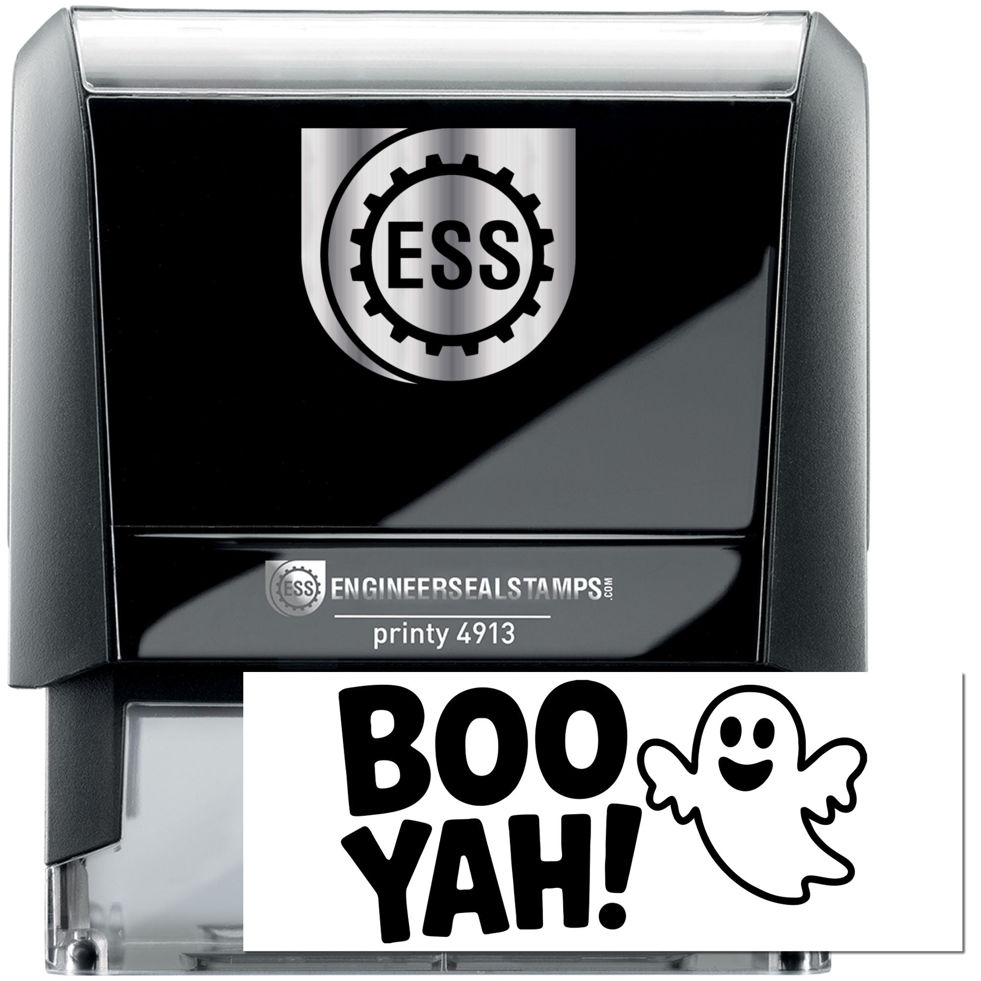 Black self-inking engineer seal stamp with silver ESS logo plate and Boo Yah ghost stamp design insert.
