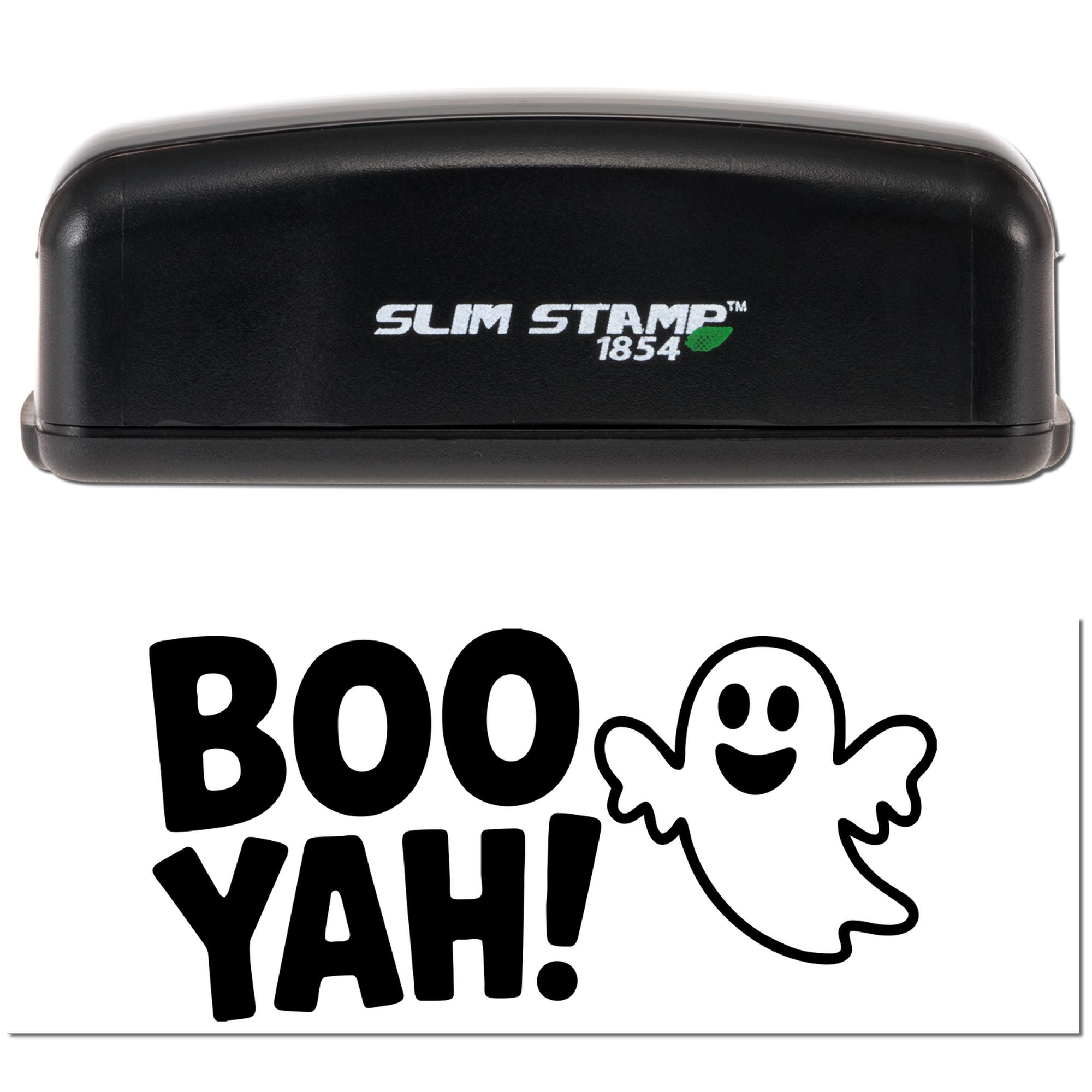Black Slim Stamp 1854 with a Boo Yah! ghost seal design on white background.
