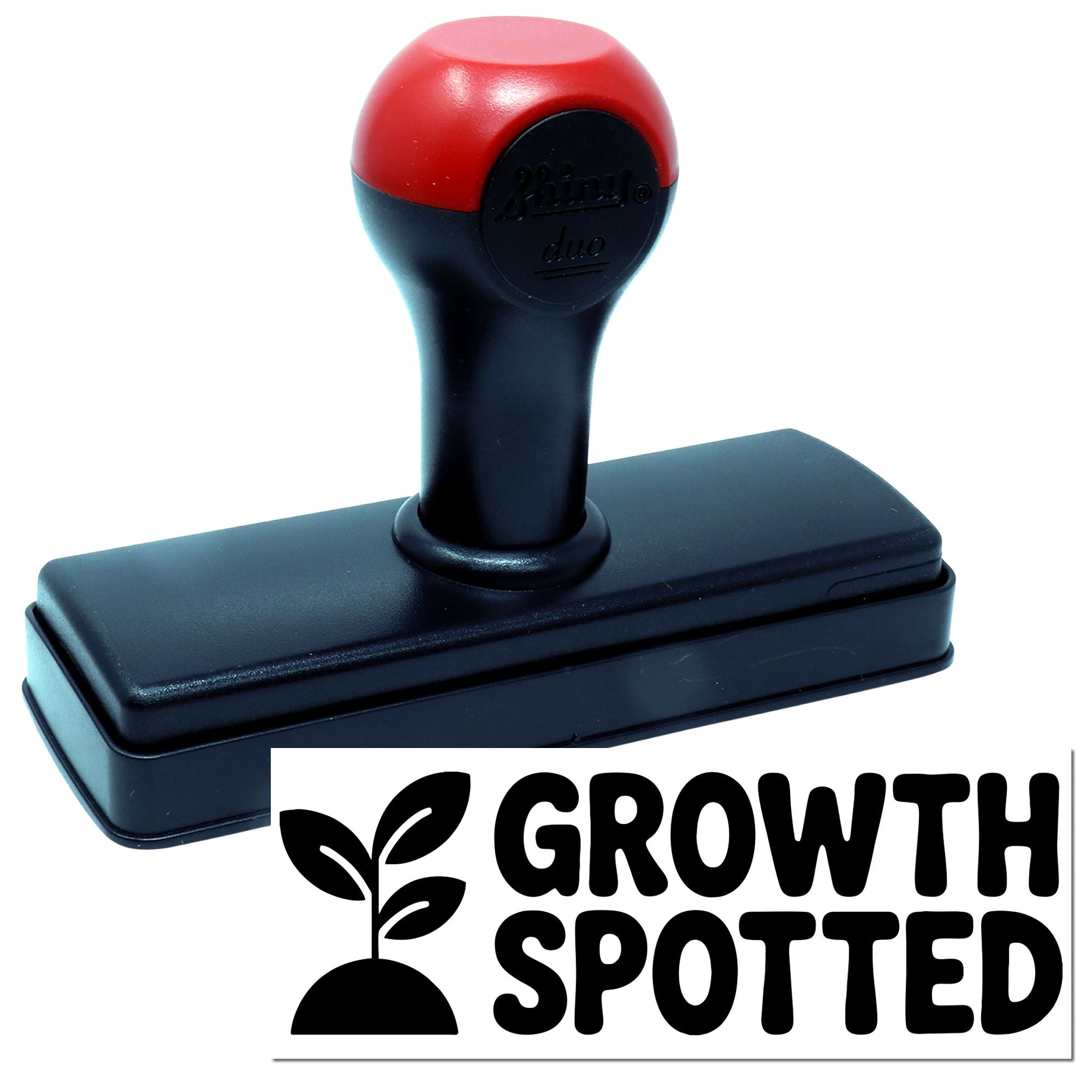 Red-and-black self-inking rubber stamp seal with rectangular base and Growth Spotted plant logo.