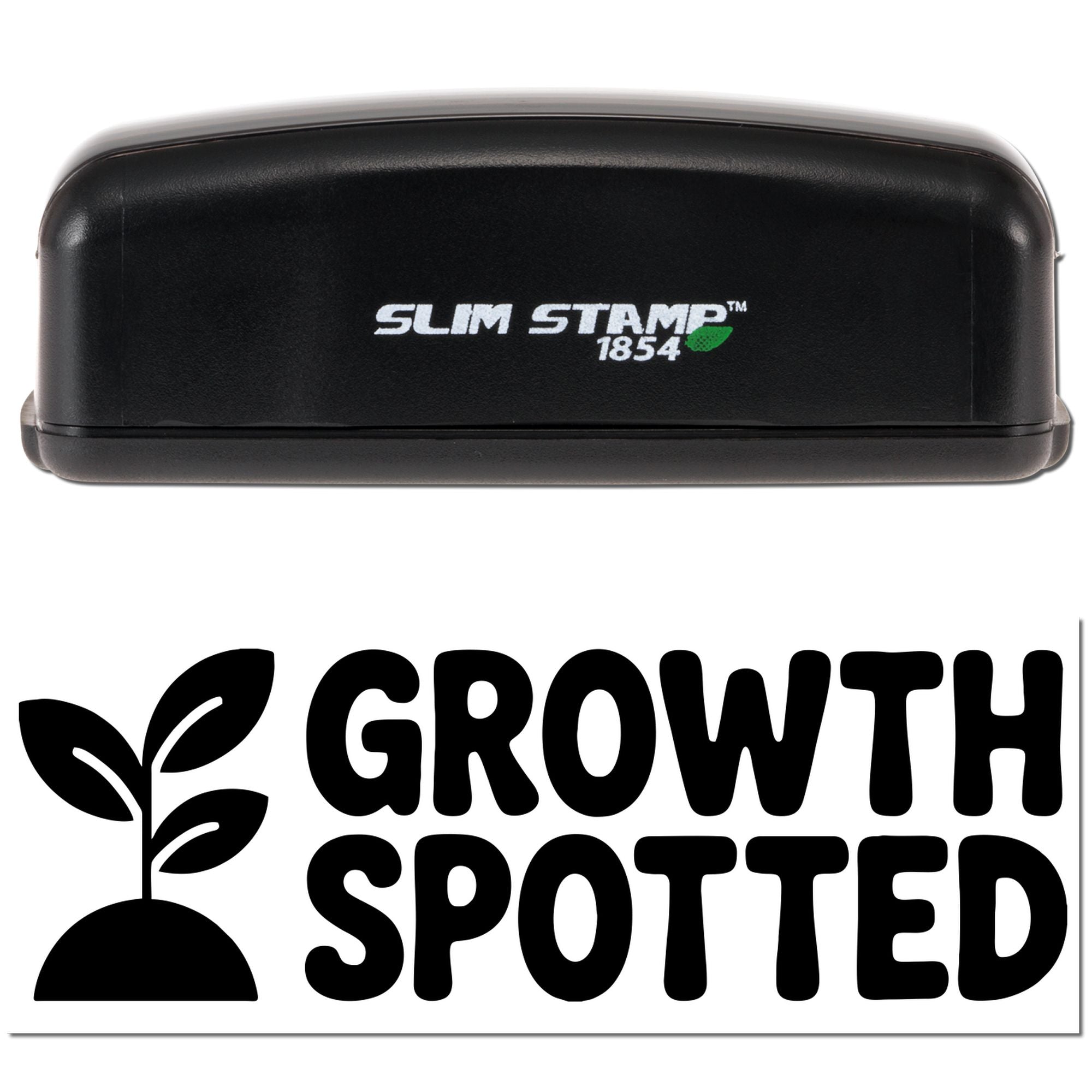 Black Slim Stamp 1854 stamp and seal set with green leaf logo and bold black Growth Spotted graphic on white background