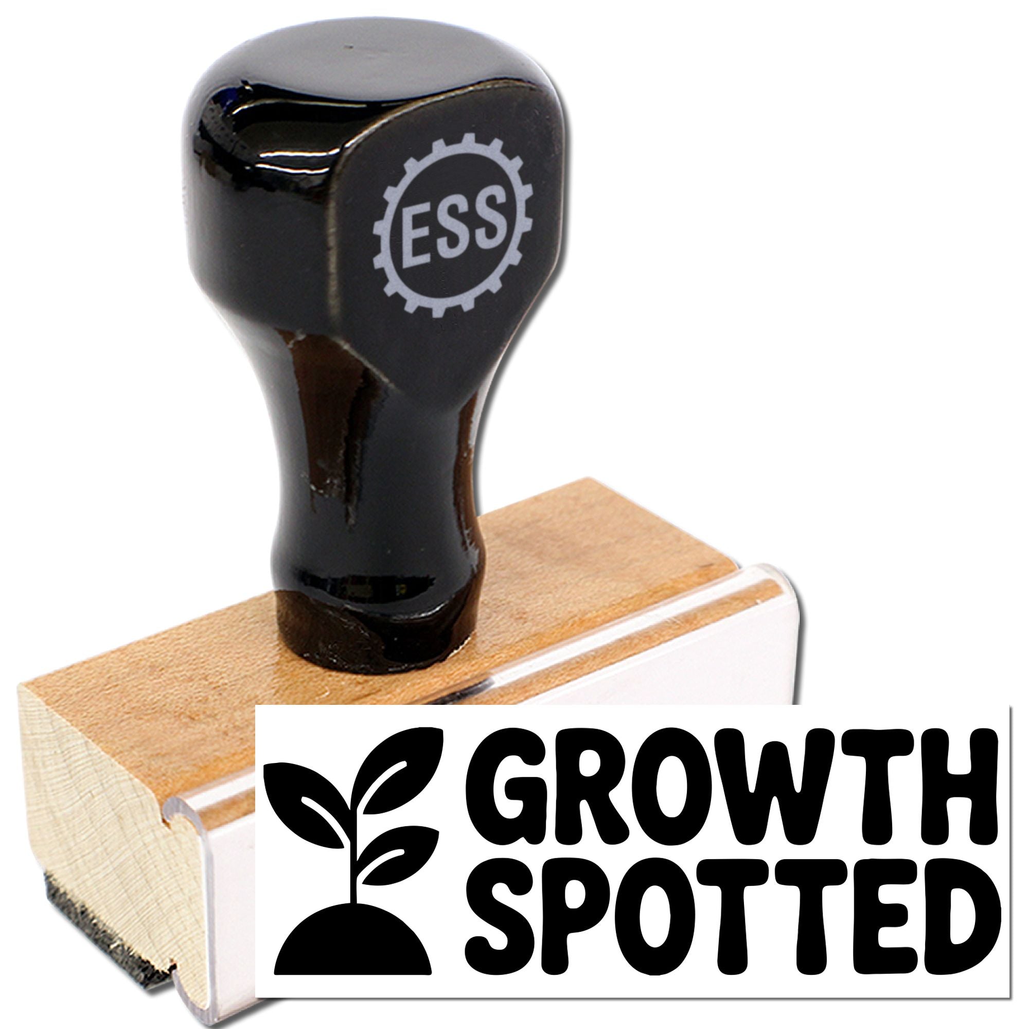 Black ESS rubber stamp and wooden seal block with white Growth Spotted plant logo
