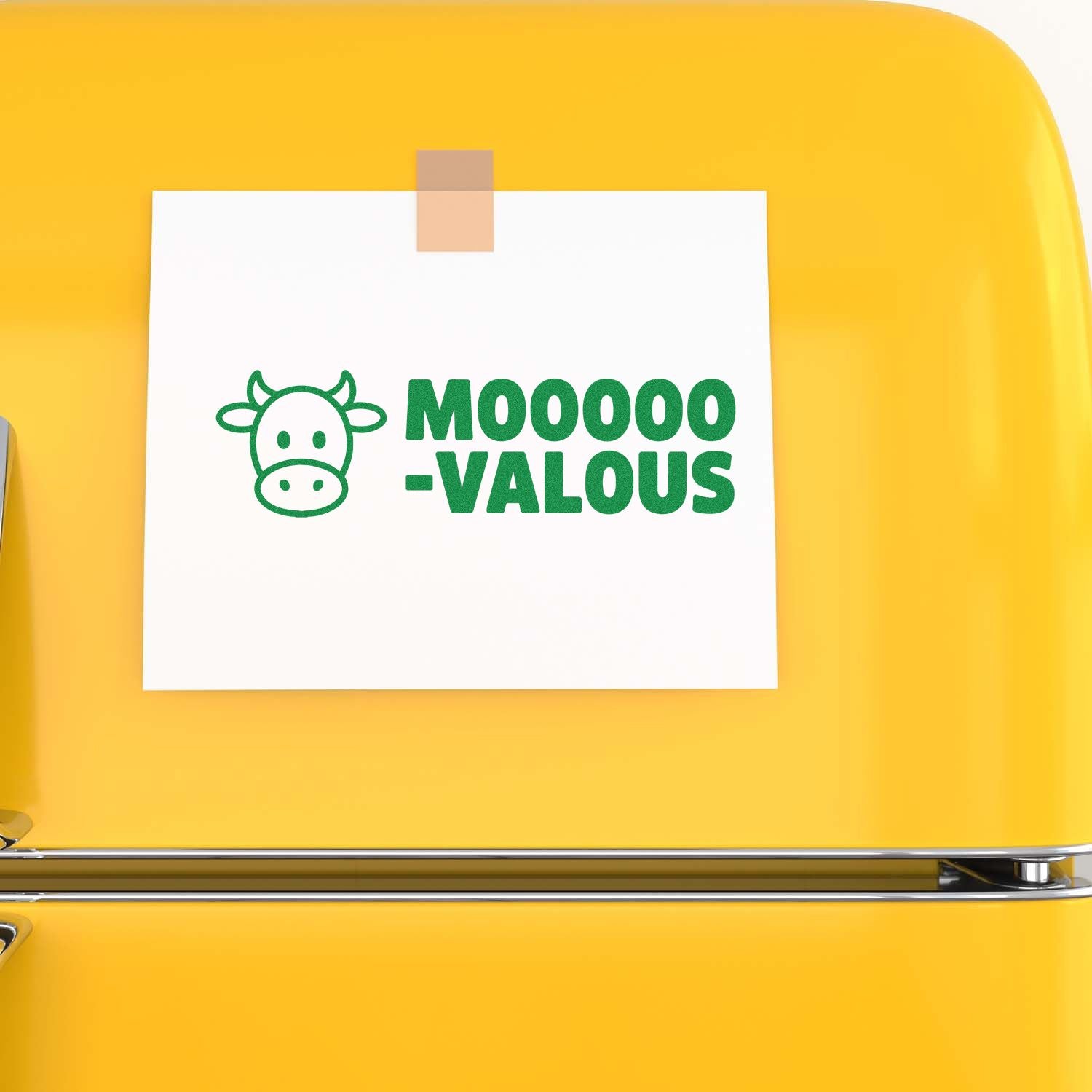 Yellow stamp and seal product with white card, green cow logo, and MOOOOVALOUS text.