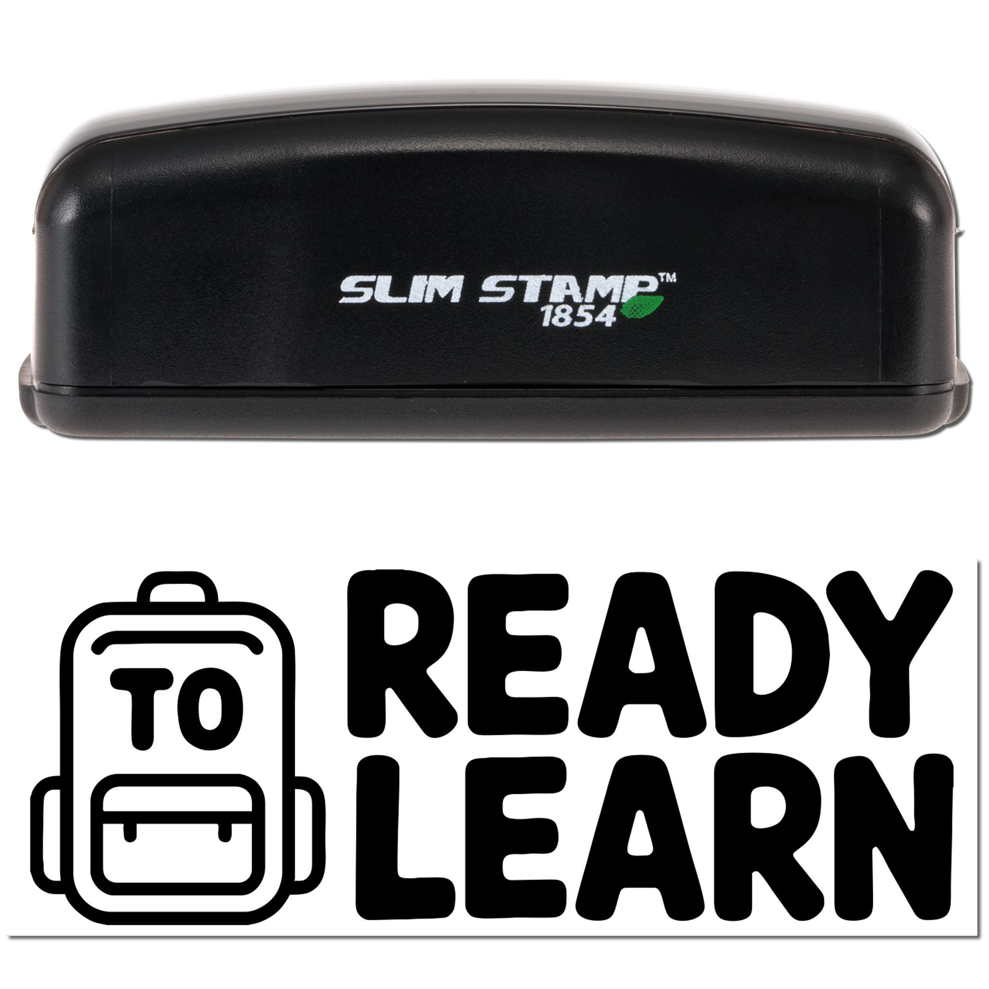 Black Slim Stamp 1854 embosser with white logo on black case, above bold Ready Learn text and backpack icon.