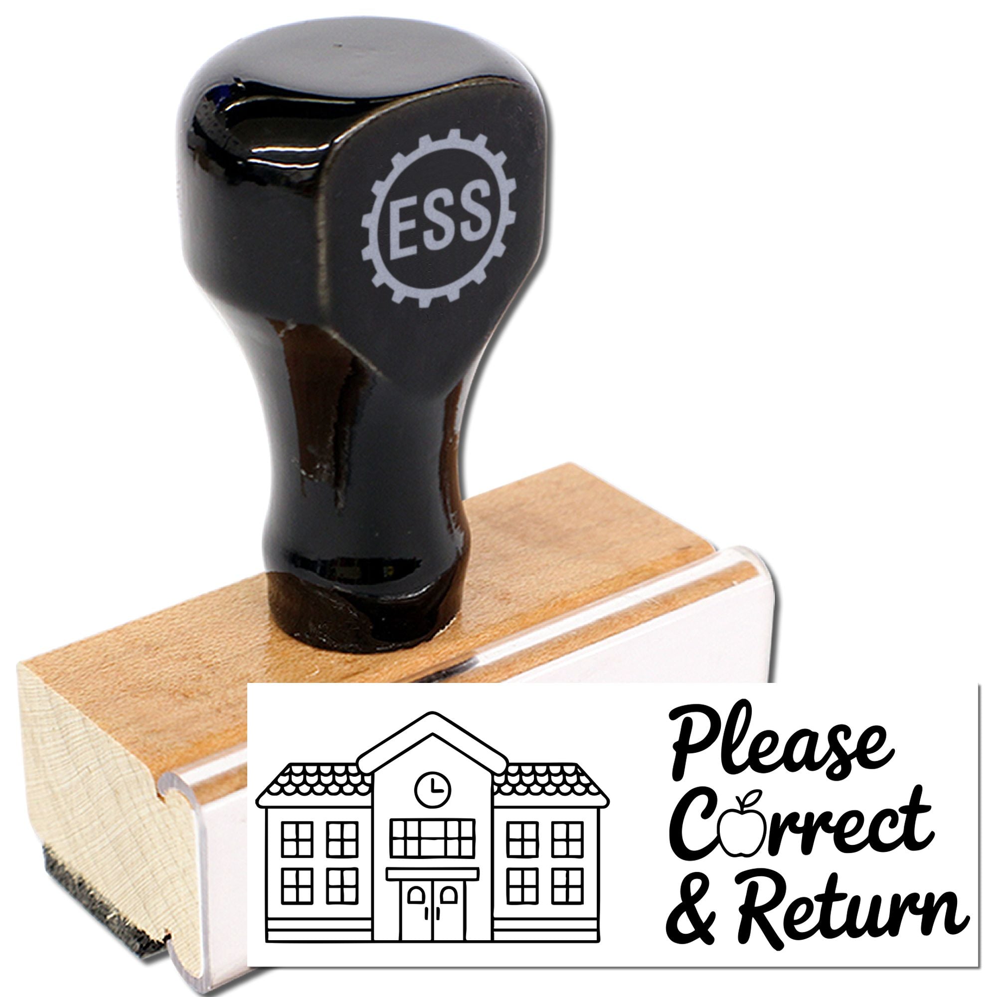Black ESS rubber stamp and seal on wood base with Please Correct & Return school icon