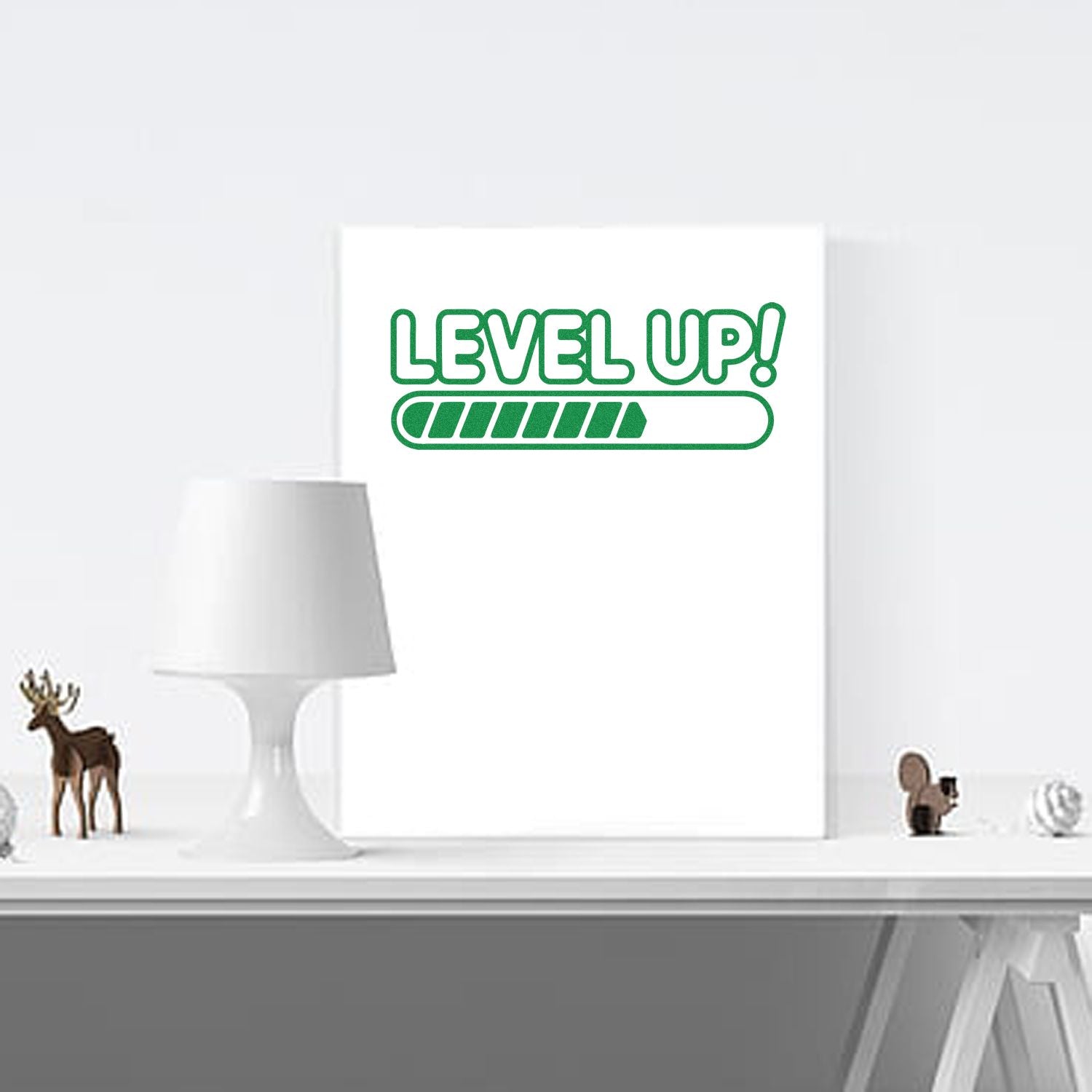 Green LEVEL UP! stamp and seal design with a green progress bar on a white background.