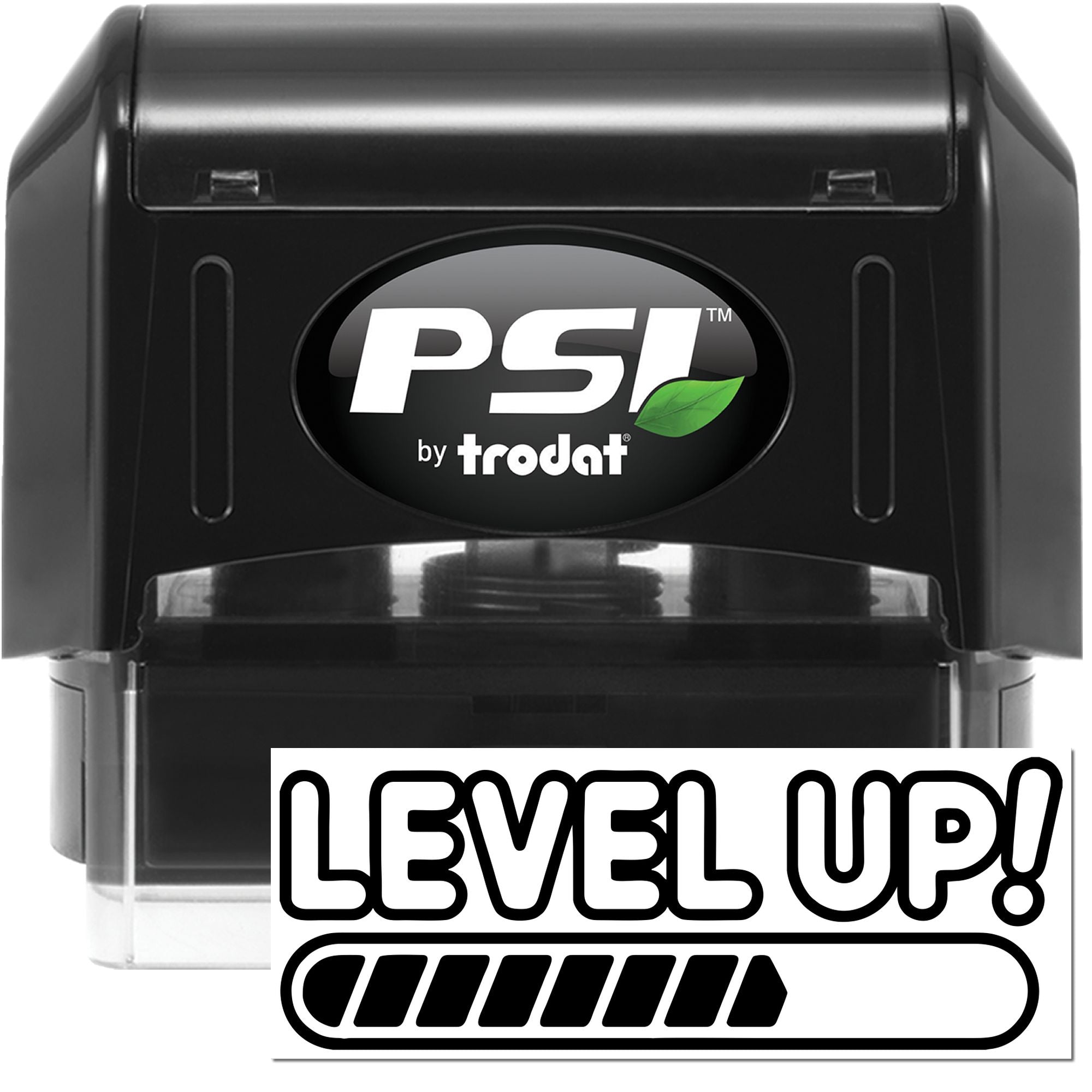 Black PSI by Trodat self-inking stamp and seal with white logo, green leaf accent, and Level Up graphic.