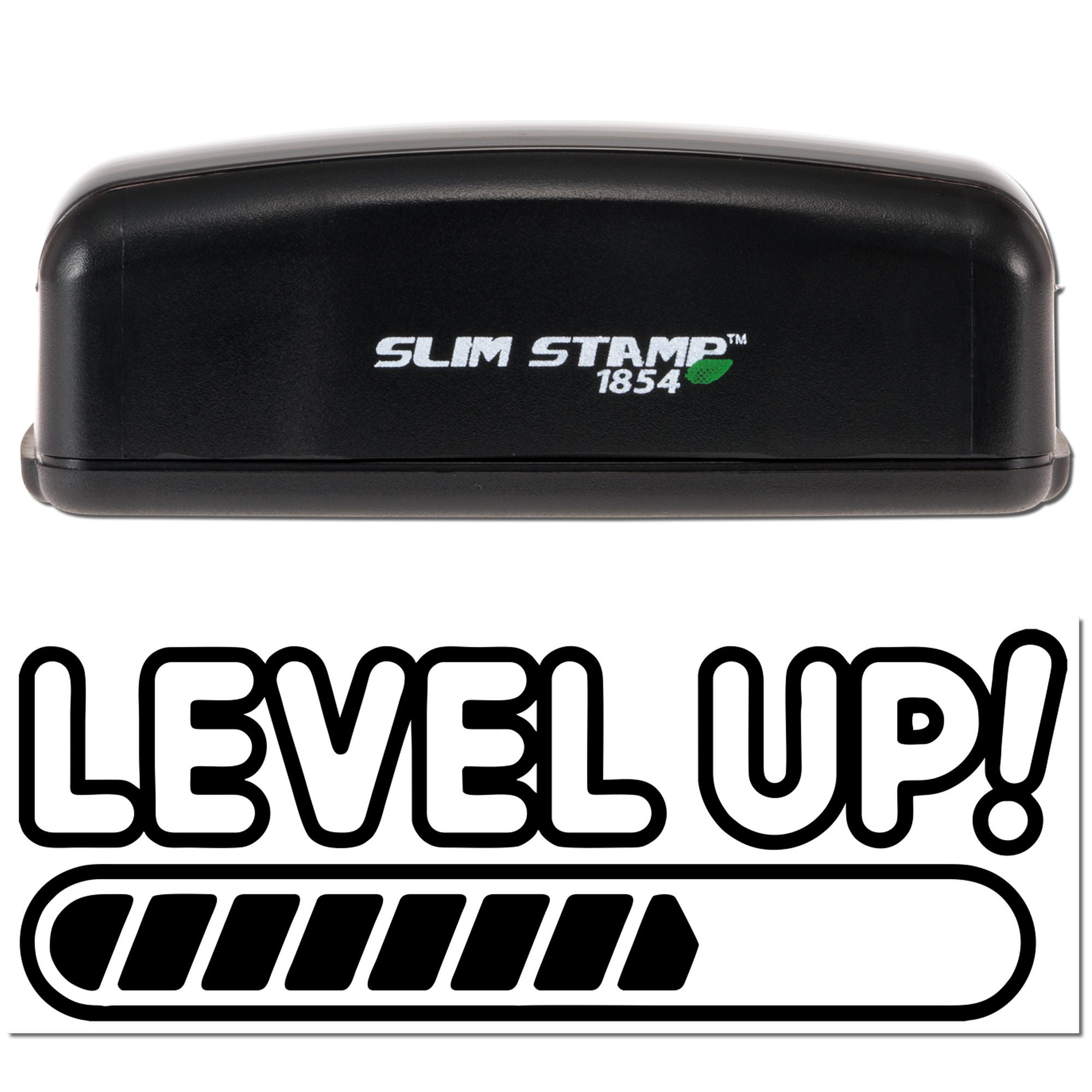 Black Slim Stamp 1854 rubber stamp with bold LEVEL UP! seal design and green logo on a white background.