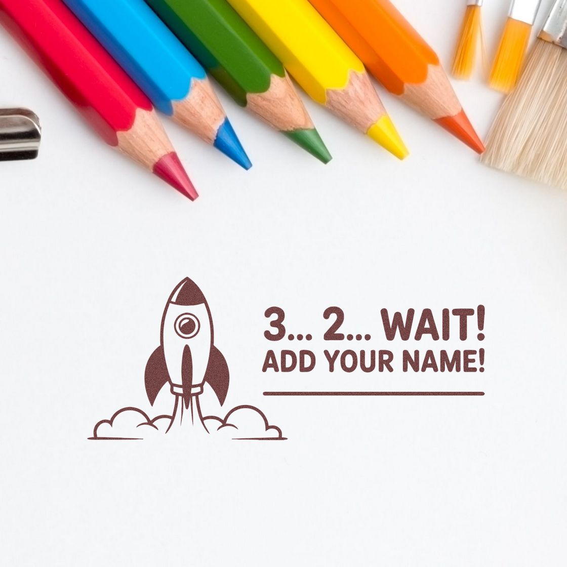 Colorful pencils surround a brown rocket stamp seal with 3...2...WAIT! ADD YOUR NAME! text on a white background.
