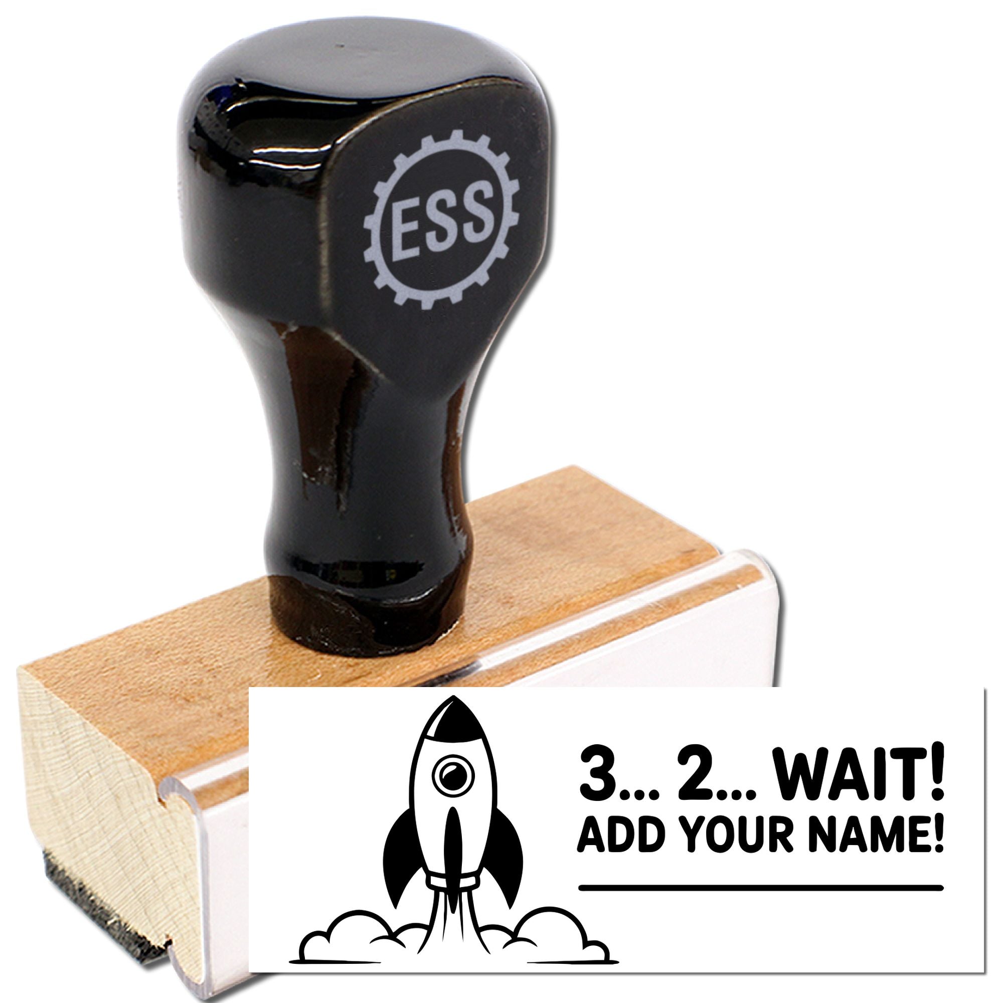 Black custom rubber stamp and seal on wooden base with white card, rocket icon, and 3...2...WAIT! ADD YOUR NAME!