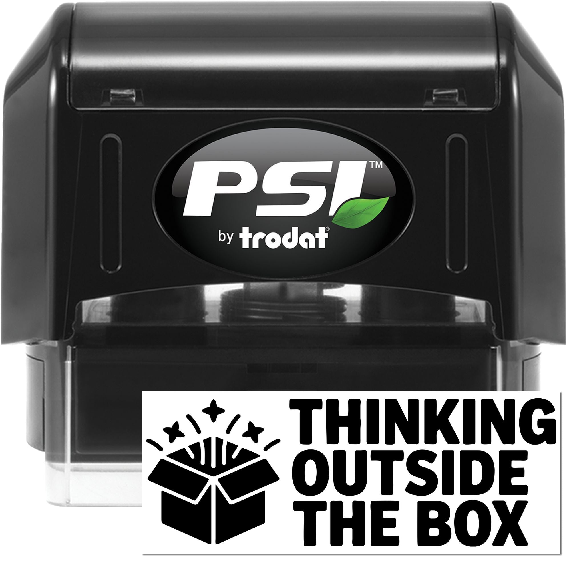 Black PSI by Trodat self-inking stamp and seal with green leaf logo and Thinking Outside the Box design.