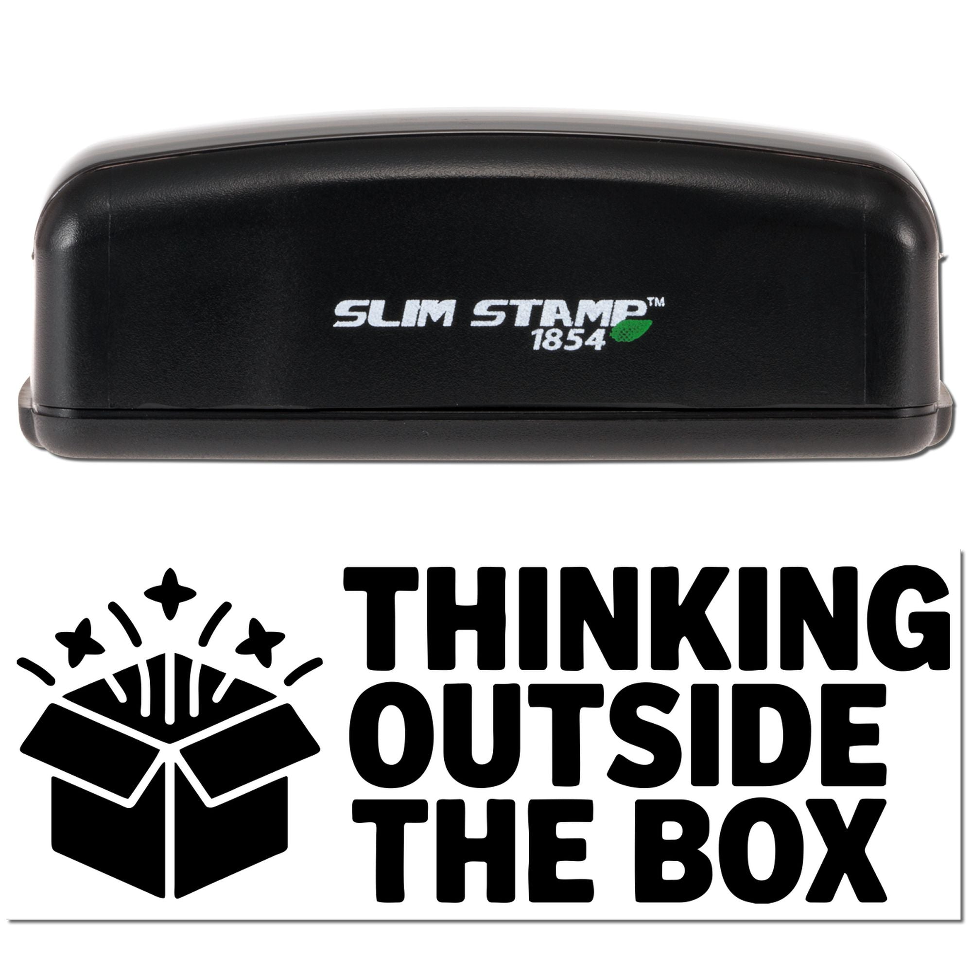 Black Slim Stamp 1854 stamp and seal with white logo, beside bold Thinking Outside the Box graphic and box icon.