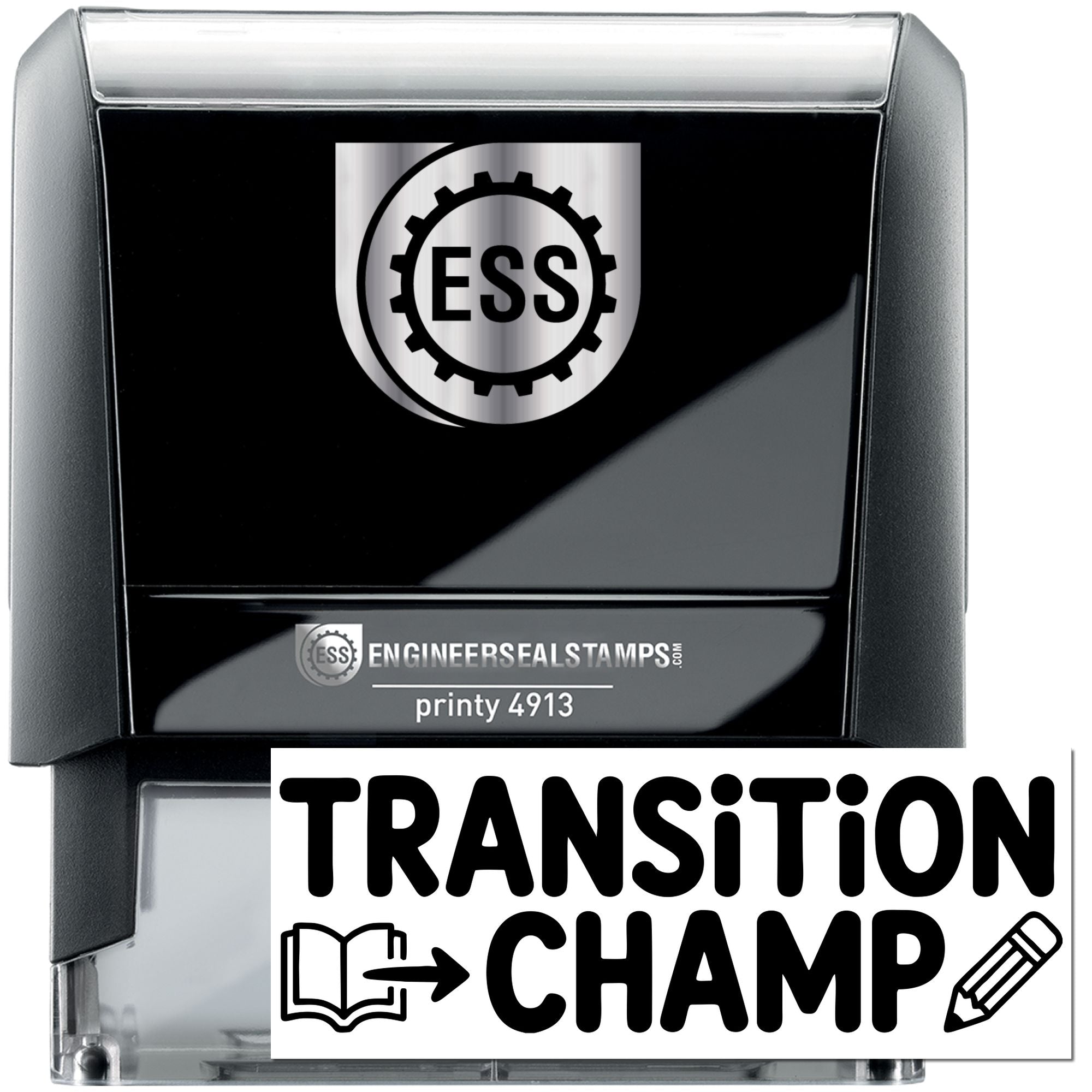 Black and silver self-inking engineer seal stamp with ESS logo and Transition Champ label